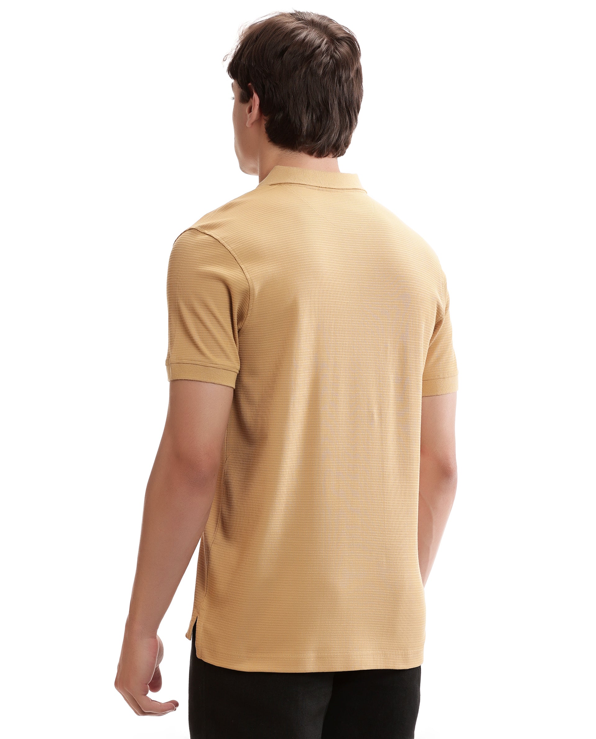 Camel Beige Knitted Waffle Polo with Ribbed Collar