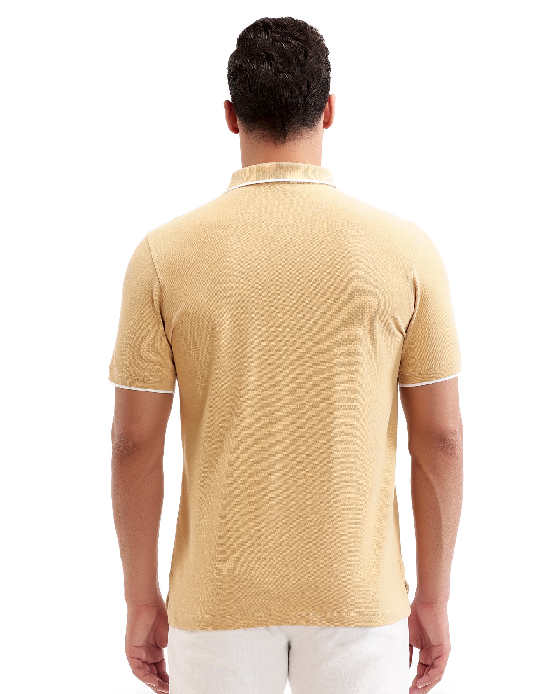 Camel Beige Pique Polo with White Collar Piping, Tone-on-Tone 7C Embroidery
