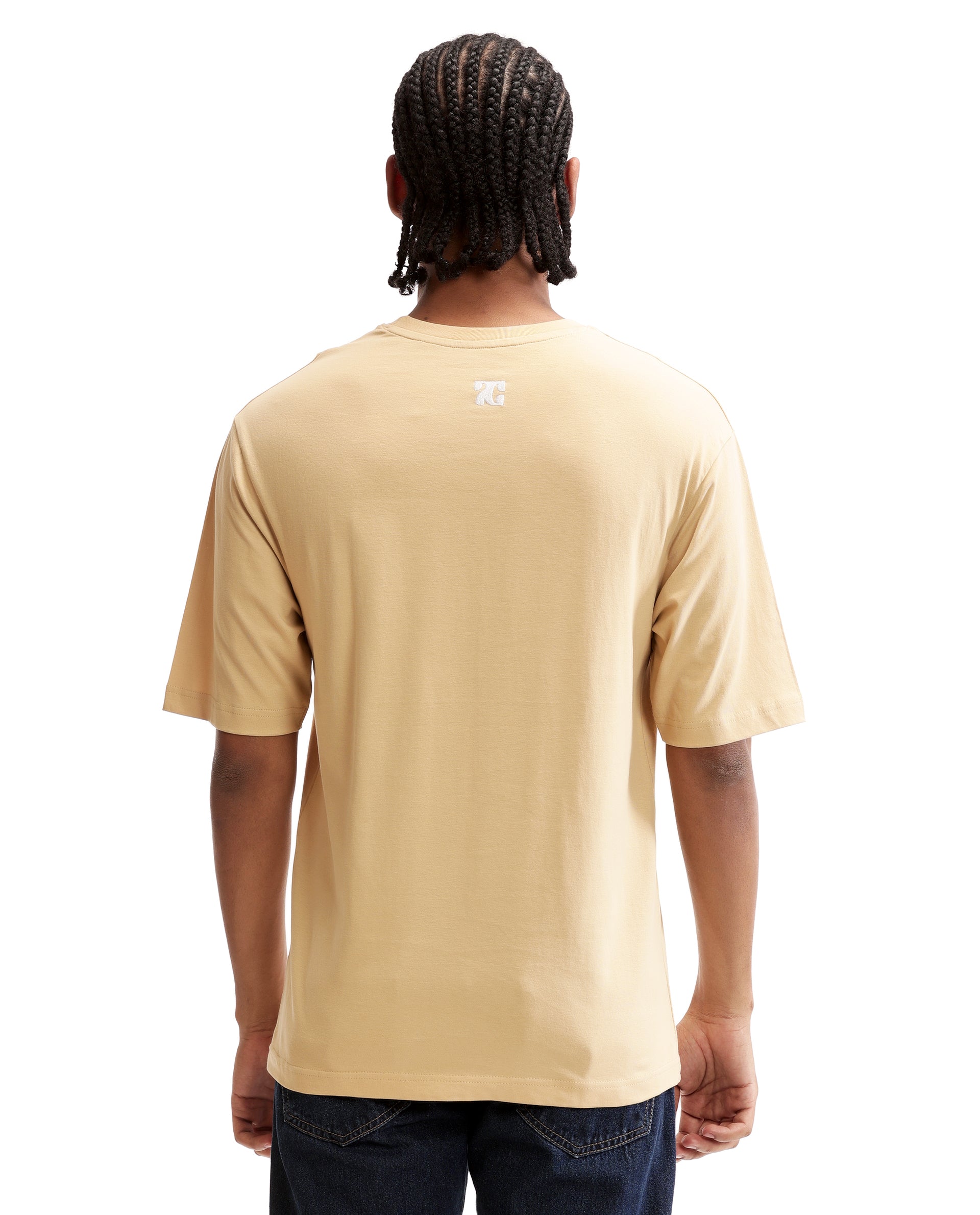 Camel Beige Single Jersey Crew Neck Oversized T-Shirt with Pure White Embroidery
