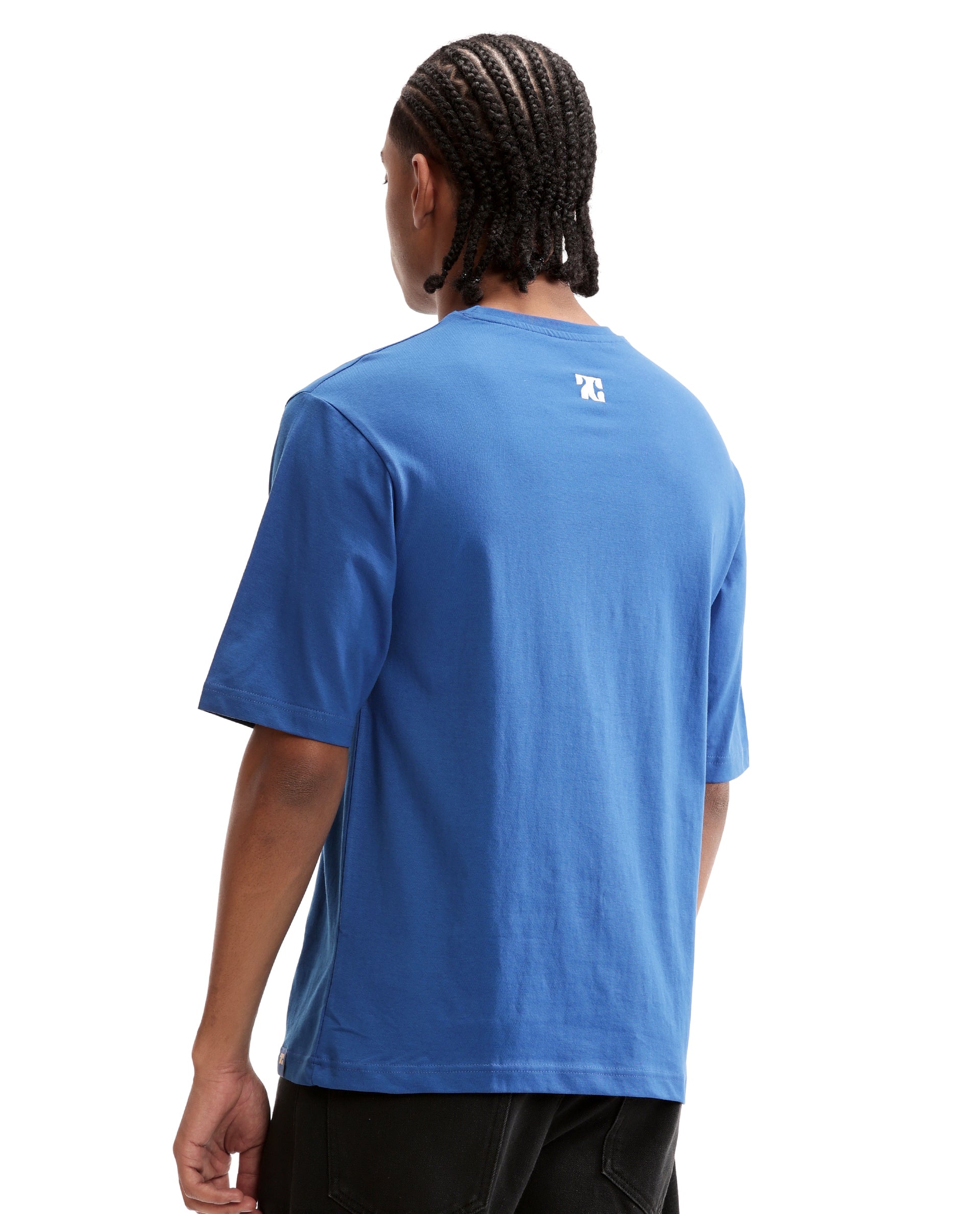 Imperial Prussian Blue Single Jersey Crew Neck Oversized T-Shirt with Pure White Embroidery