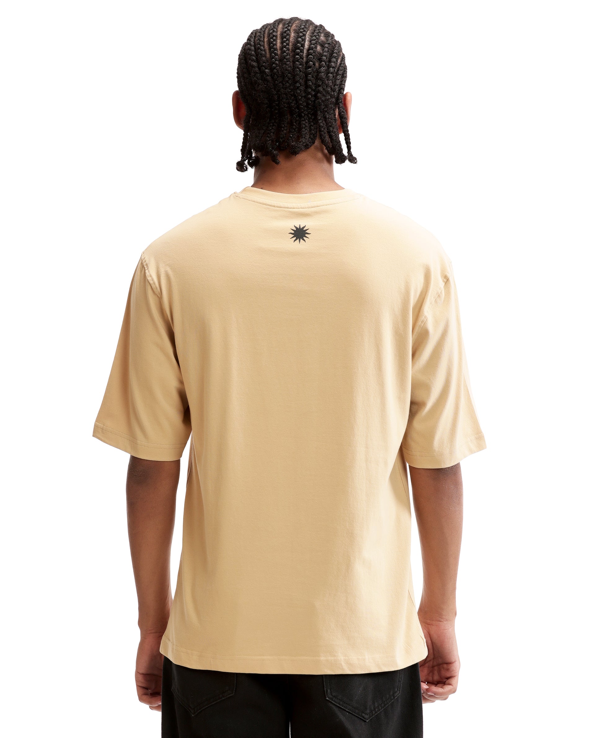 Camel Beige Single Jersey Crew Neck Oversized T-Shirt with Black Print & Pure White 7C Embroidery