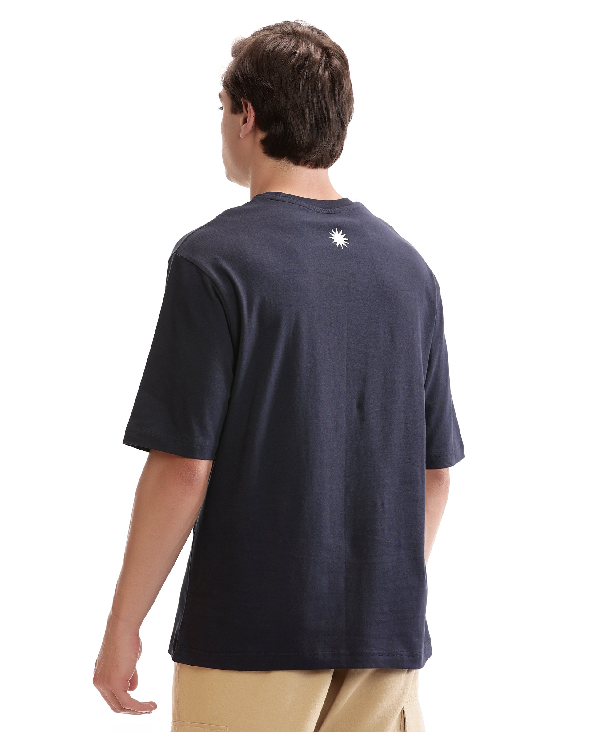 Midnight Navy Blue Single Jersey Crew Neck Oversized T-Shirt with Pure White HD Print