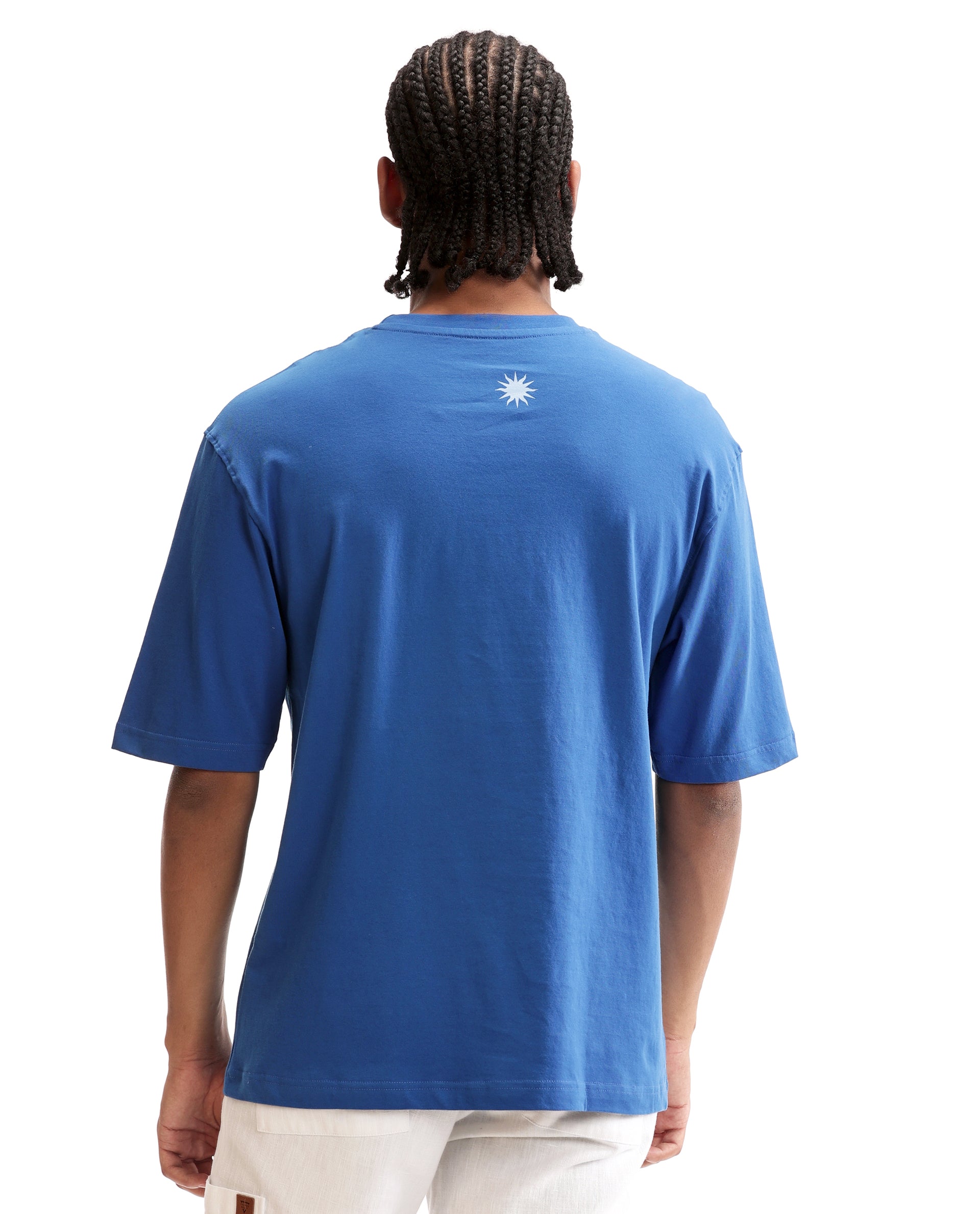 Imperial Prussian Blue Single Jersey Crew Neck Oversized T-Shirt with Light Blue Print & Pure White 7C Embroidery