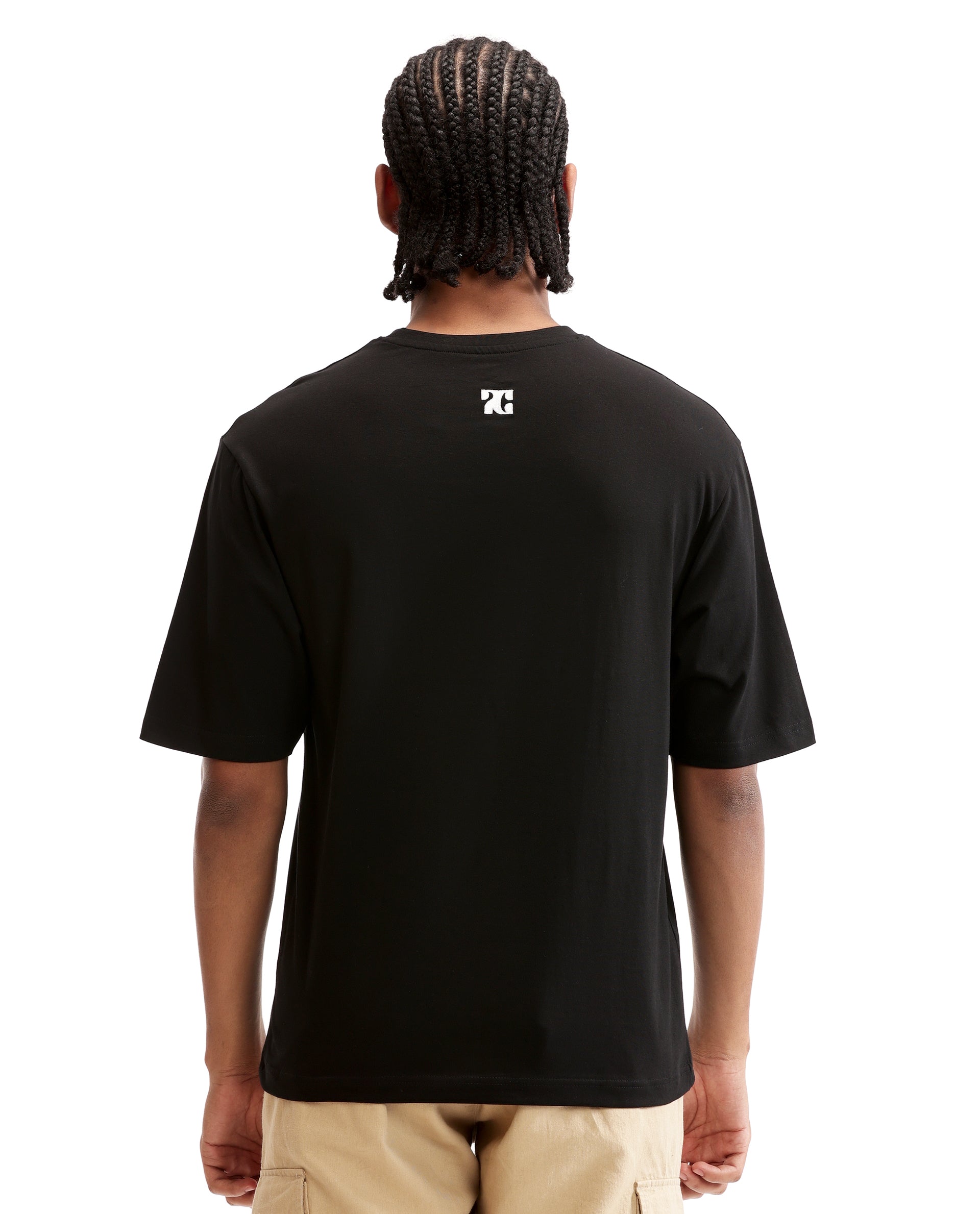 Charcoal Black Single Jersey Crew Neck Oversized T-Shirt with Pure White Embroidery