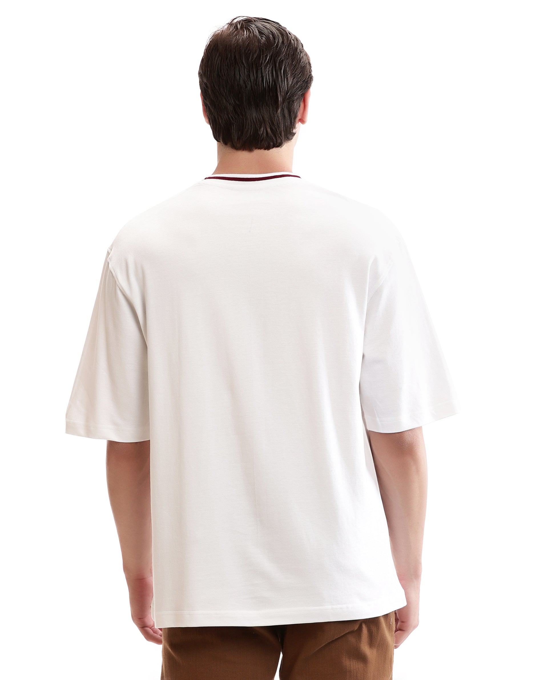 Pure White Pique Crew Neck Oversized T-Shirt with Bordeaux Maroon Piping