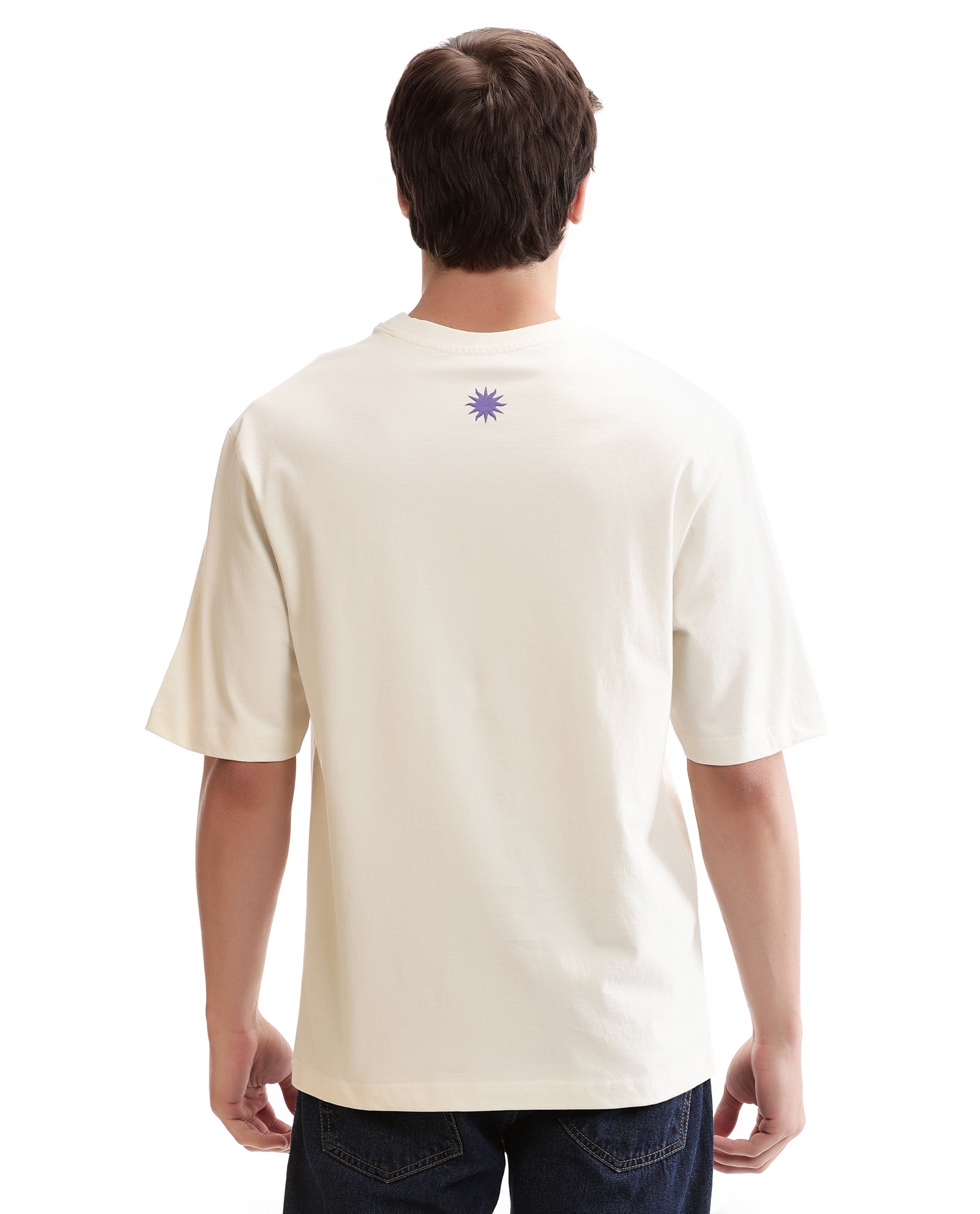 Ivory White Single Jersey Crew Neck Oversized T-Shirt with Deep Purple Puff Print