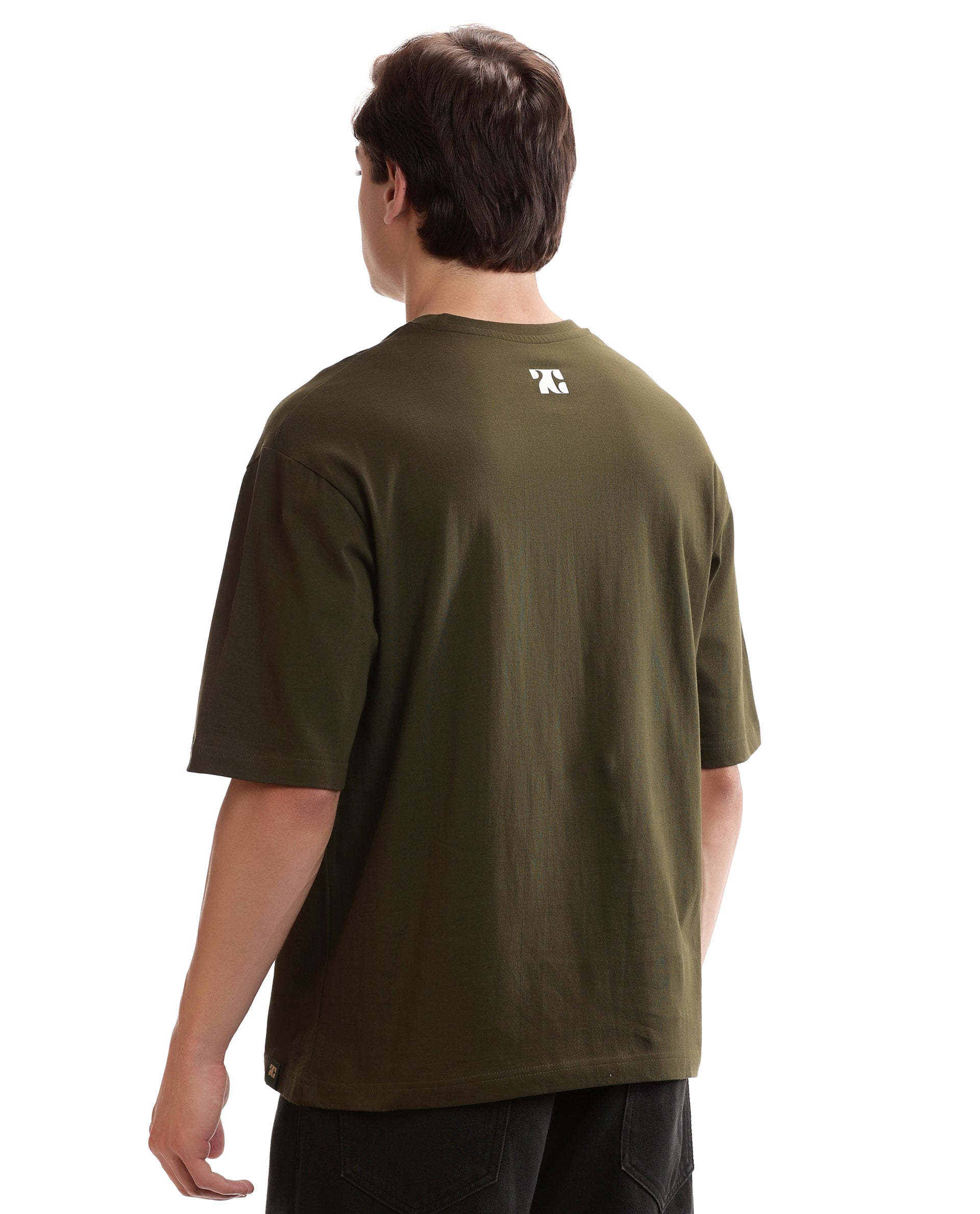 Vintage Olive Single Jersey Crew Neck Oversized T-Shirt with Pure White Non-PVC Print