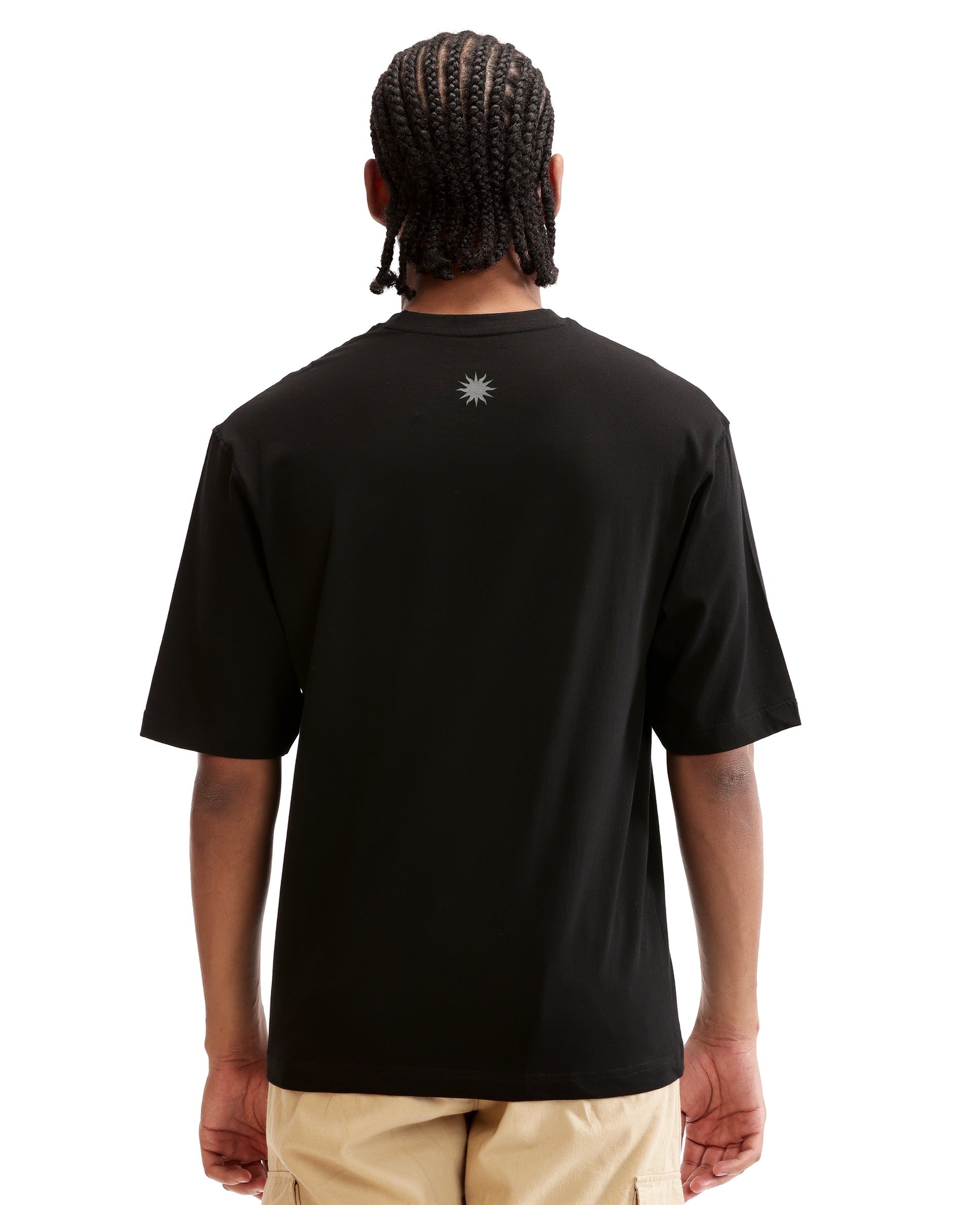 Charcoal Black Single Jersey Crew Neck Oversized T-Shirt with Charcoal Grey Print & Pure White 7C Embroidery