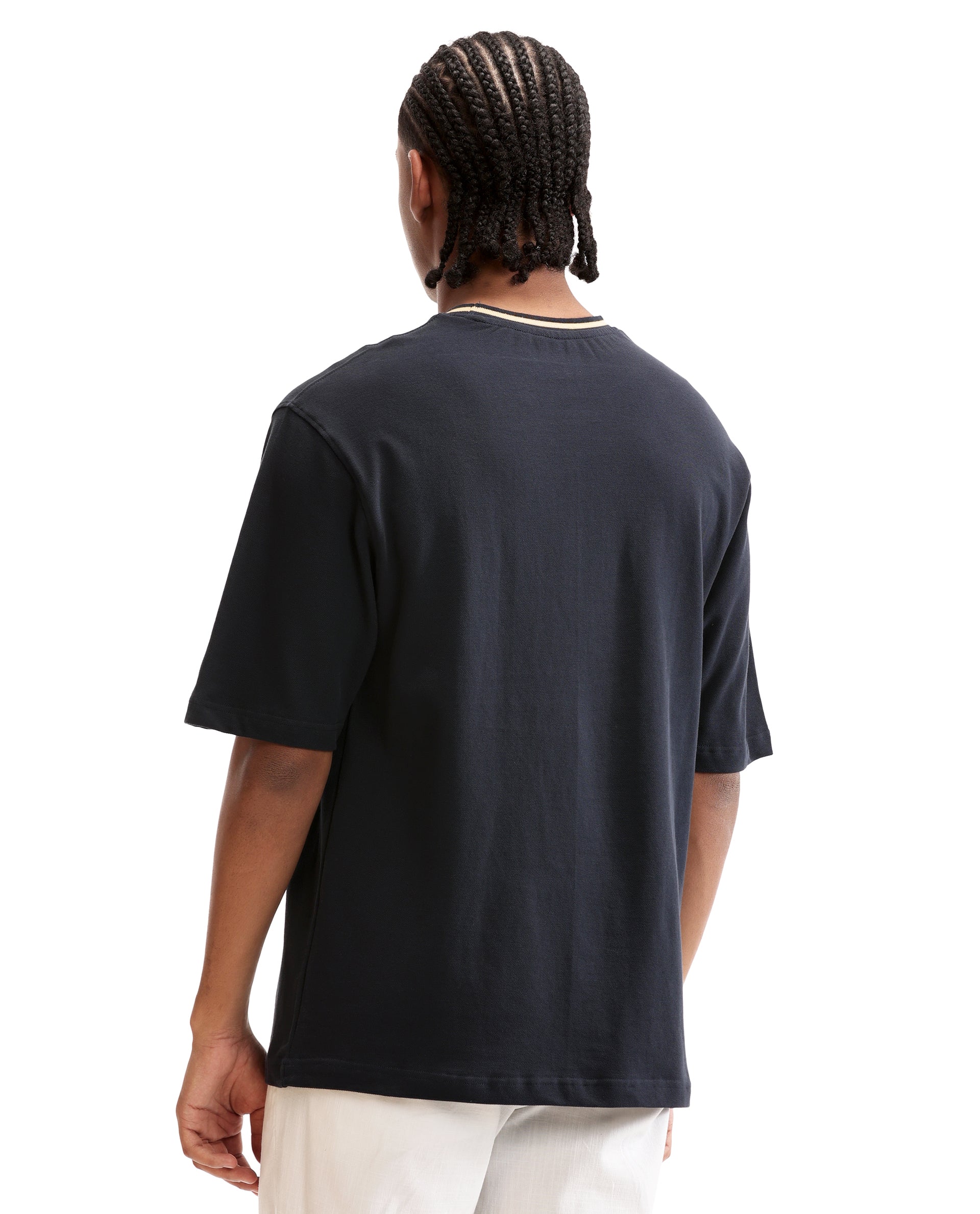 Midnight Navy Blue Pique Crew Neck Oversized T-Shirt with Camel Beige Piping