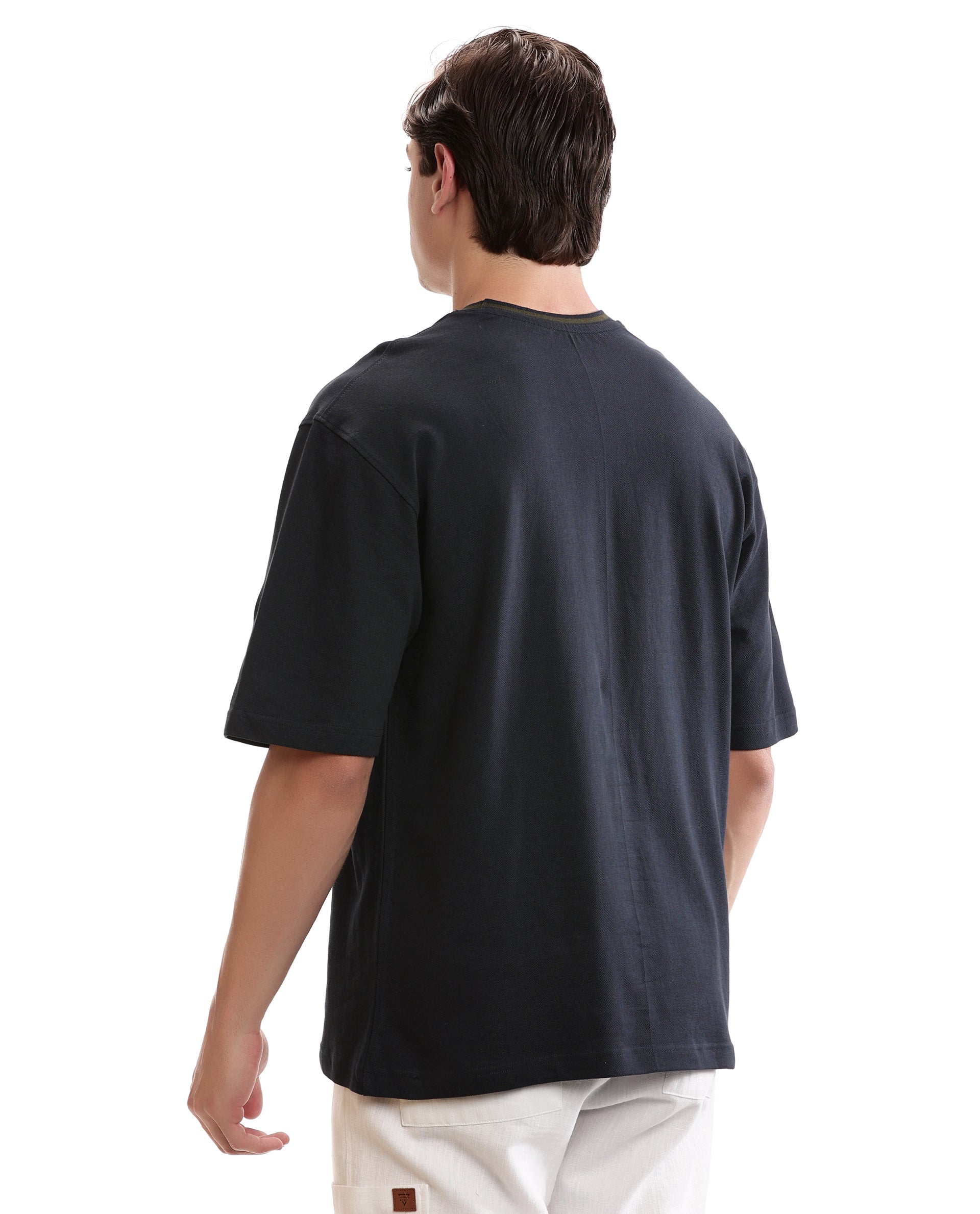 Midnight Navy Blue Pique Crew Neck Oversized T-Shirt with Vintage Olive Piping