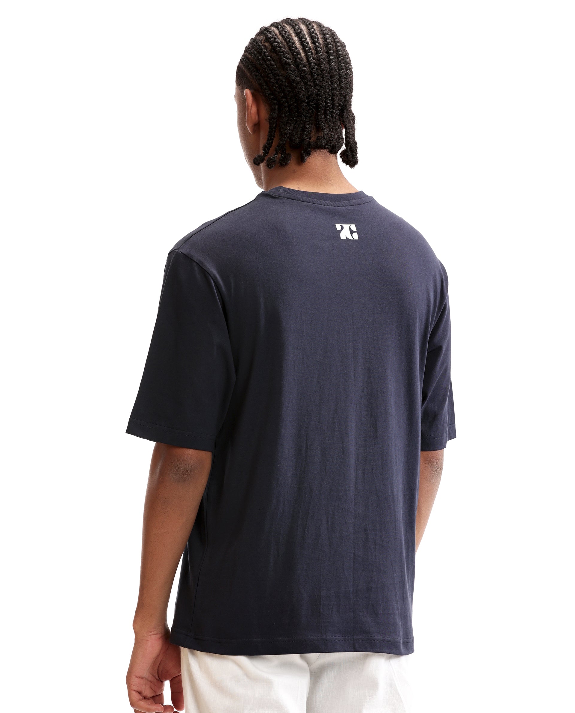 Midnight Navy Blue Single Jersey Crew Neck Oversized T-Shirt with Pure White Non-PVC Print