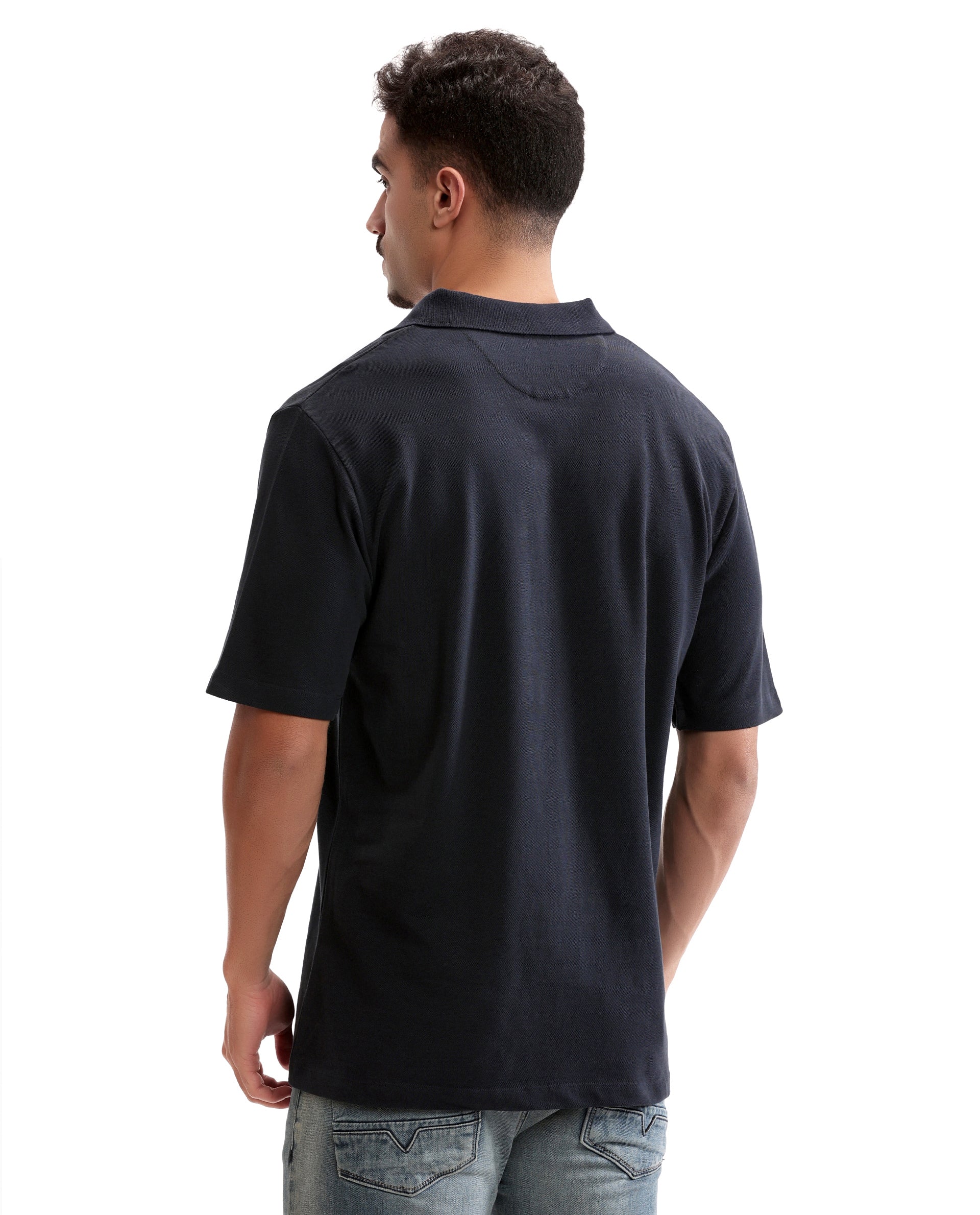 Midnight Navy Blue Pique Johnny Collar Polo