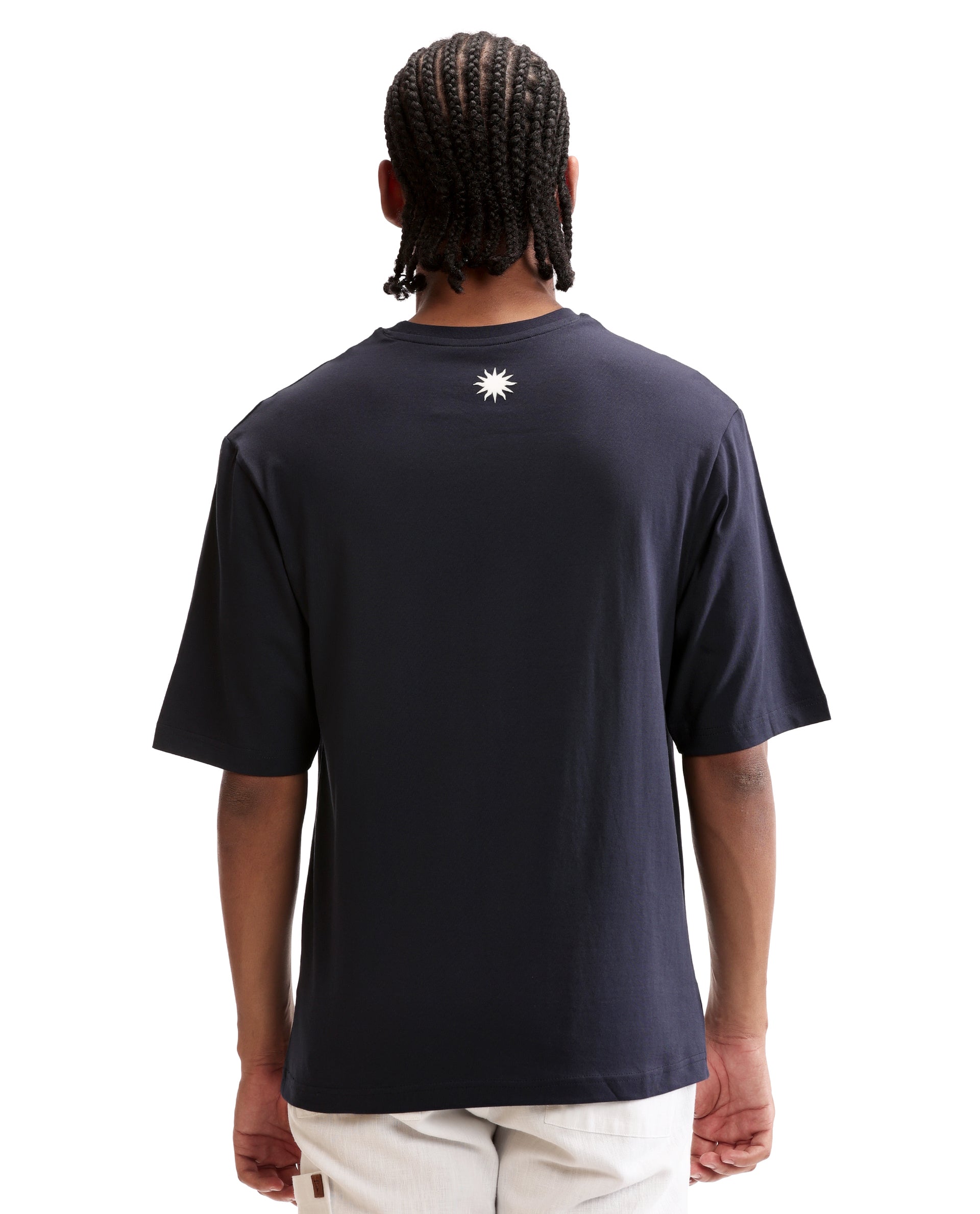 Midnight Navy Blue Single Jersey Crew Neck Oversized T-Shirt with Pure White Puff Print