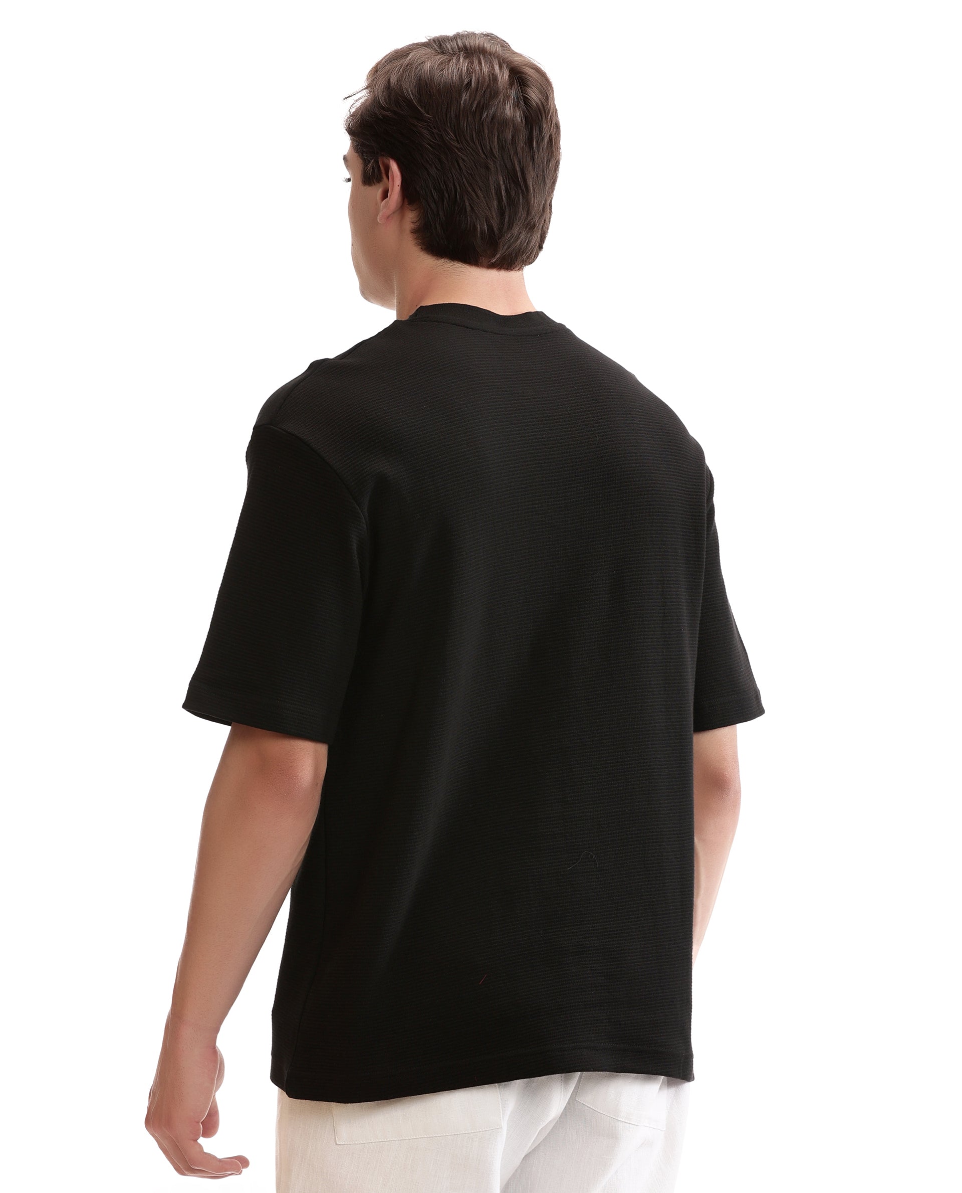 Charcoal Black Knitted Ottoman Crew Neck Oversized T-Shirt