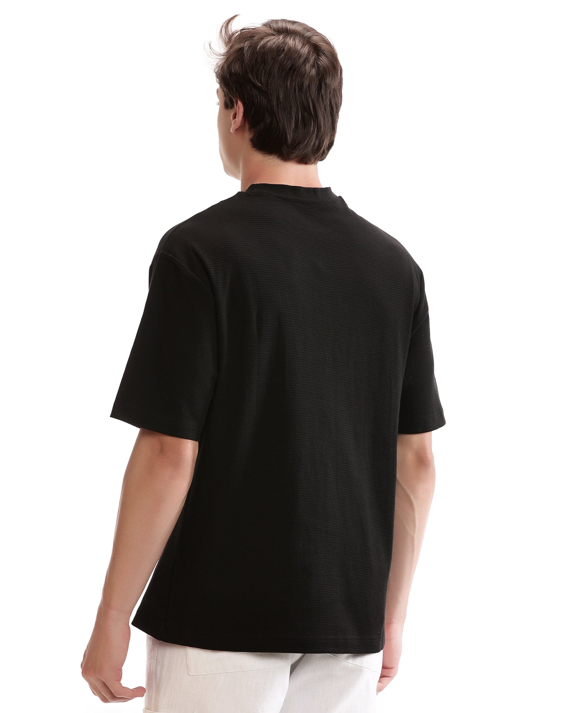 Charcoal Black Knitted Waffle Crew Neck Oversized T-Shirt