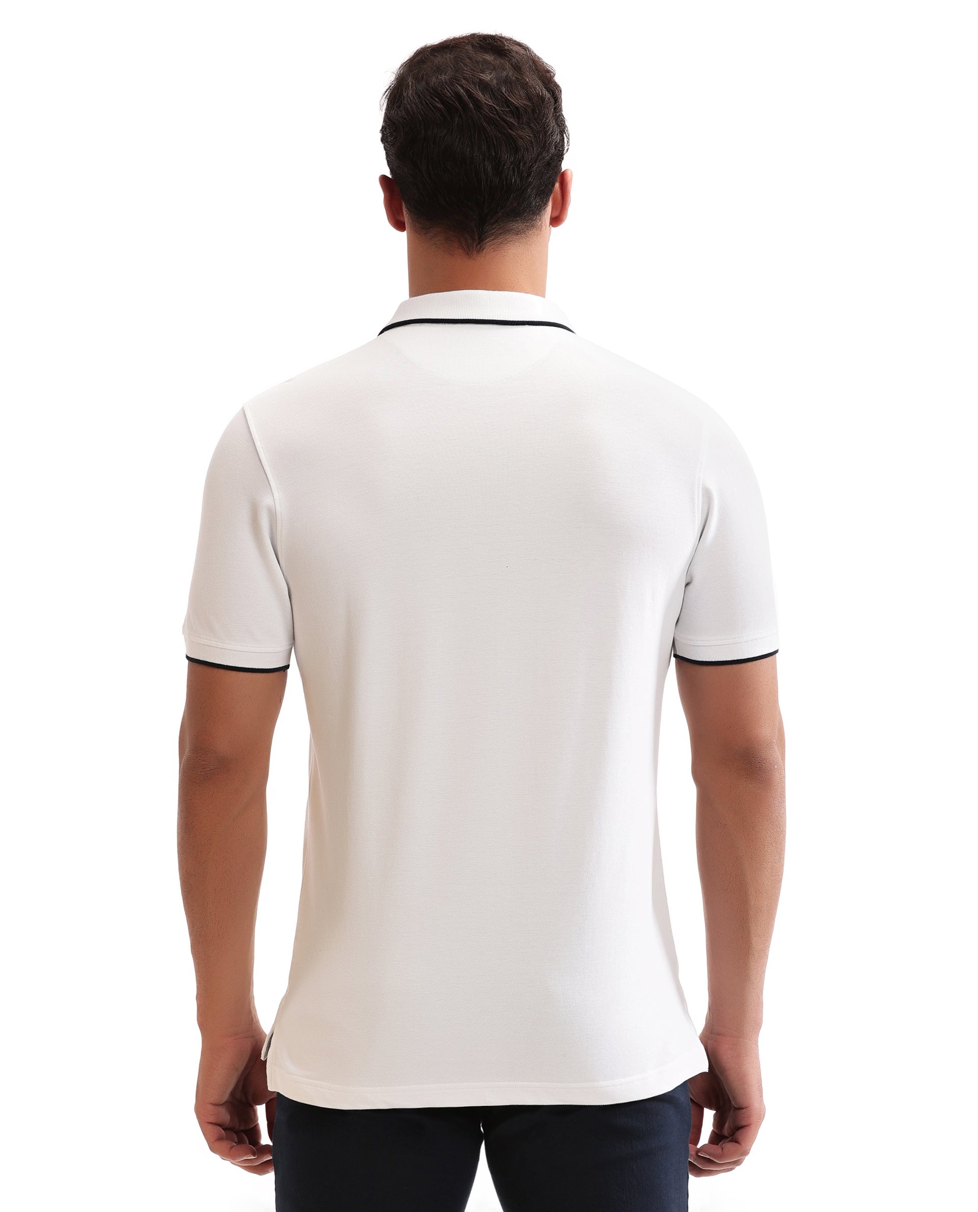Pure White Pique Polo with Midnight Navy Blue Collar Piping, Tone-on-Tone 7C Embroidery