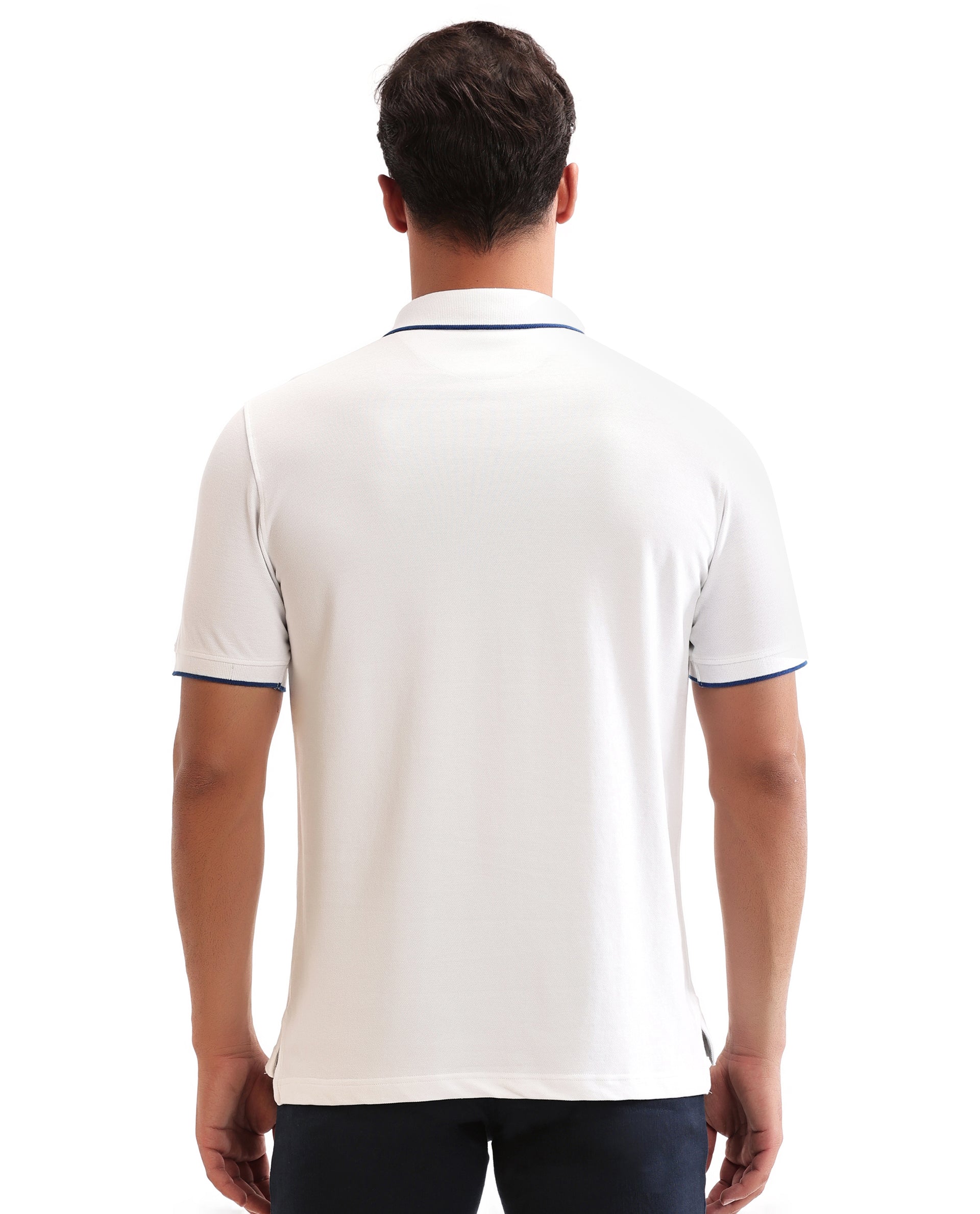 Pure White Pique Polo with Imperial Prussian Blue Collar Piping, Tone-on-Tone 7C Embroidery