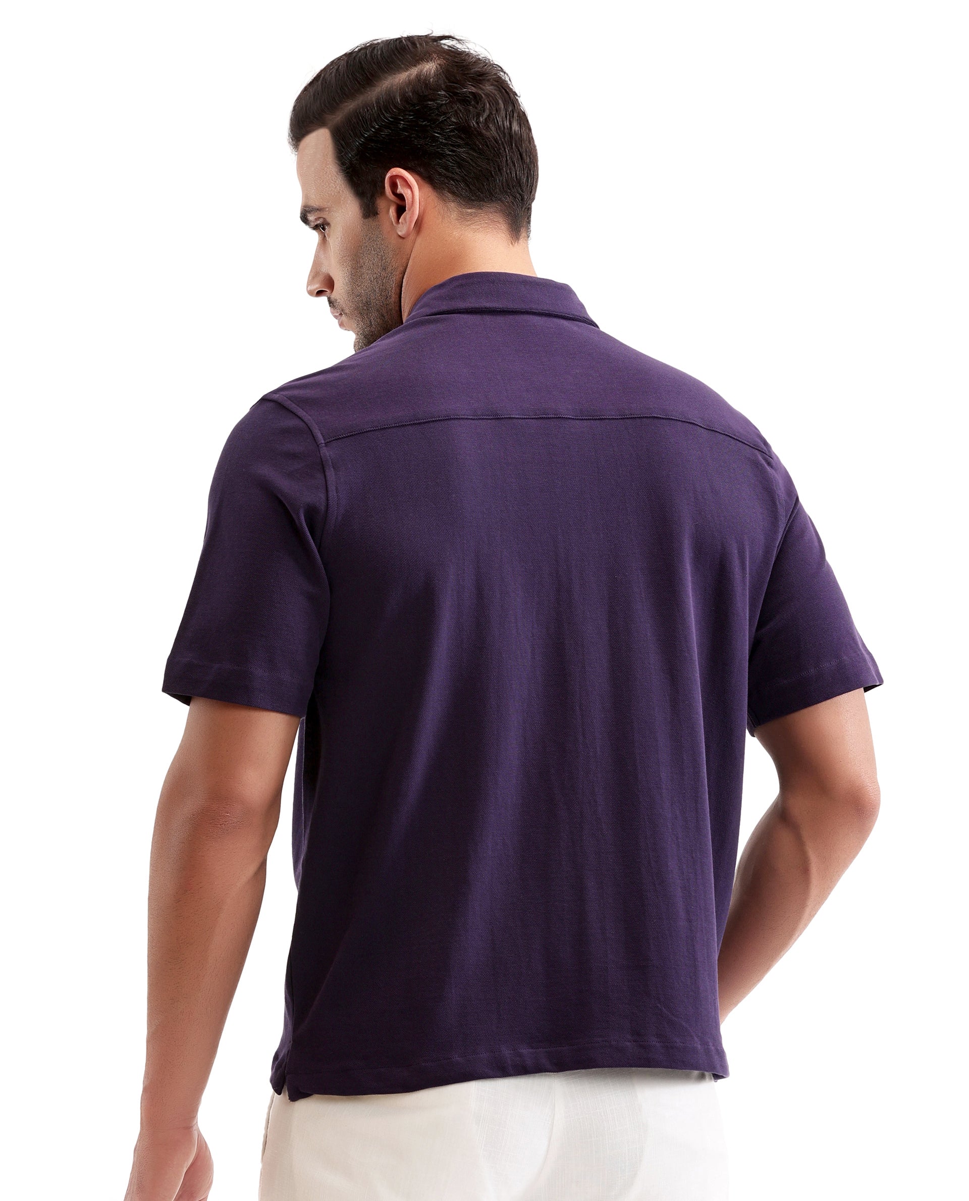 Deep Purple Pique Knit Shirt with 7C Metal Buttons, Gun Metal Badge