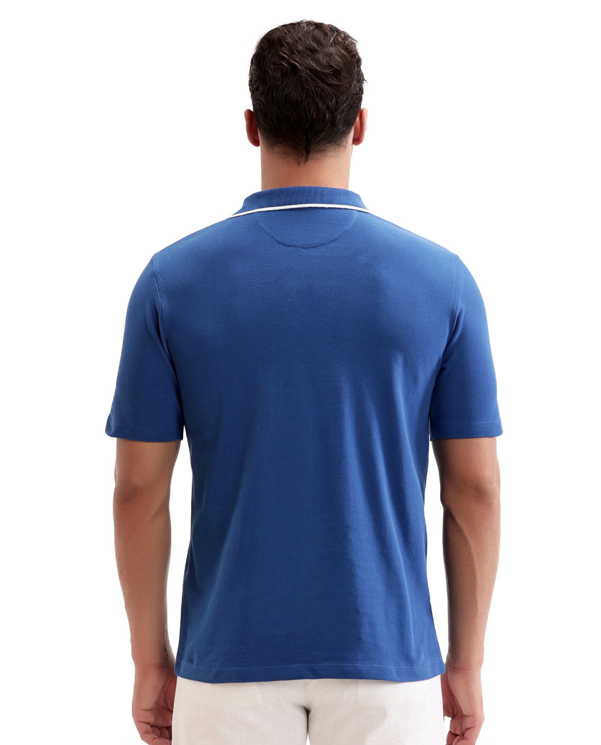 Prussian Blue Johnny Collar Polo with White Collar Piping