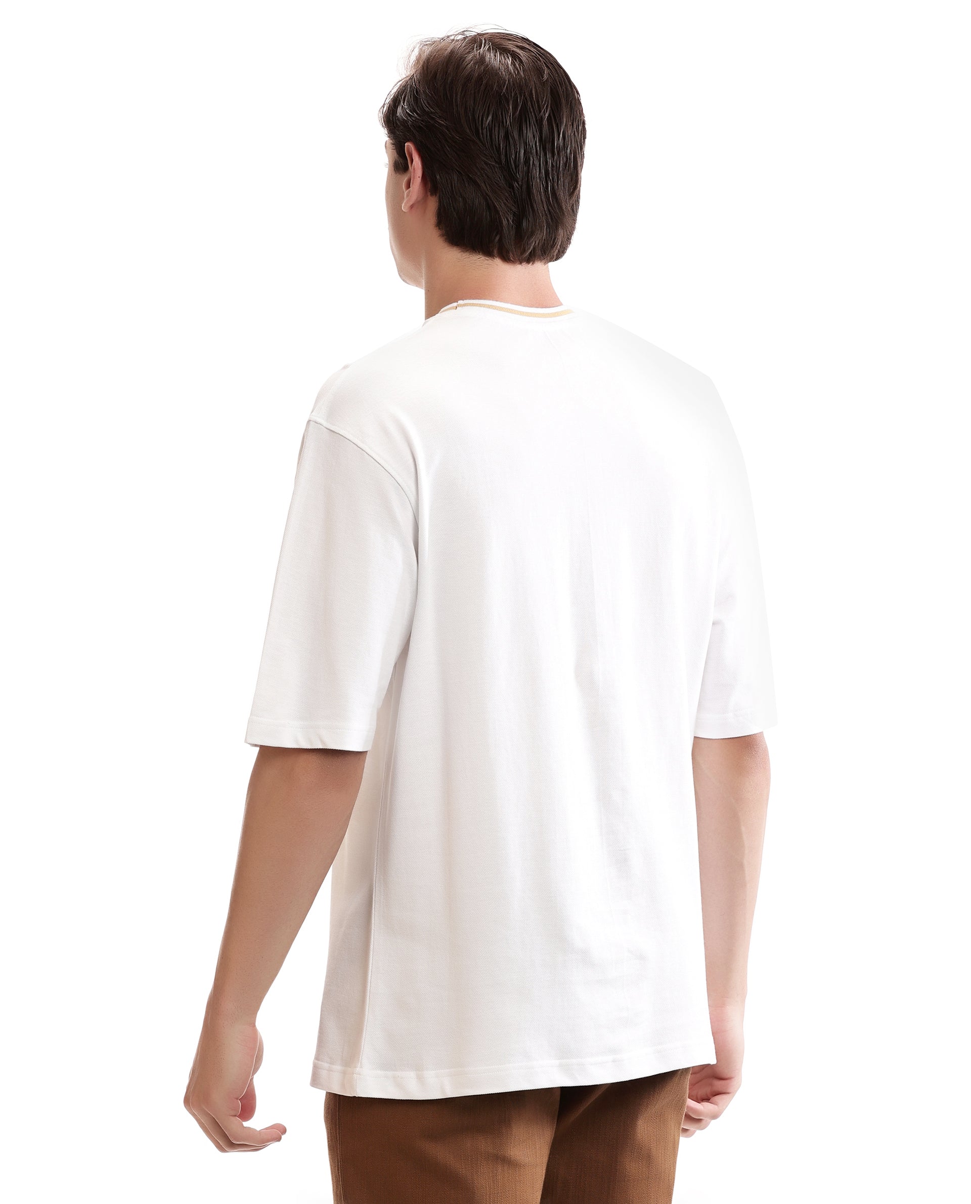 Pure White Pique Crew Neck Oversized T-Shirt with Camel Beige Piping