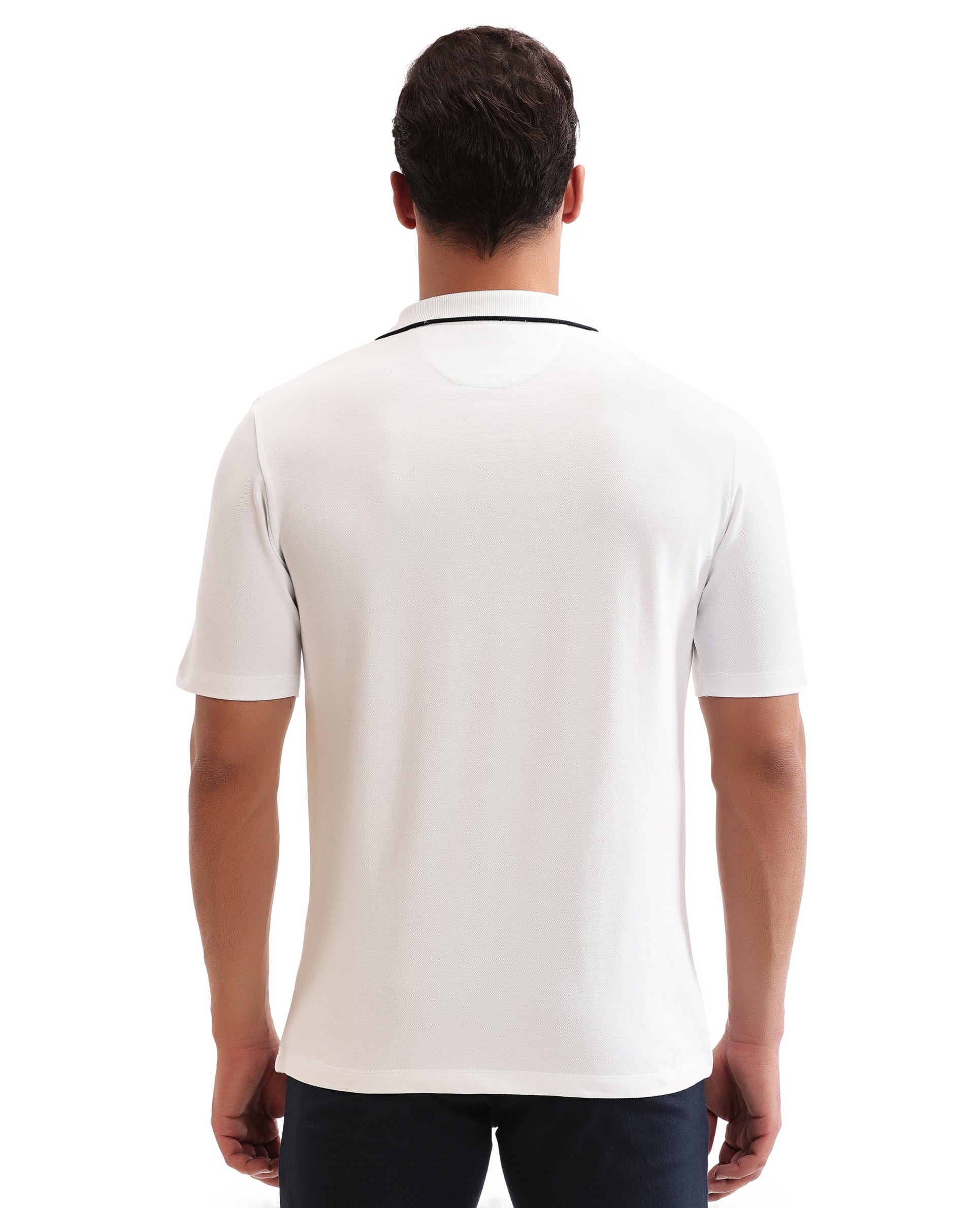 Pure White Johnny Collar Pique Polo with Midnight Navy Blue Collar Piping