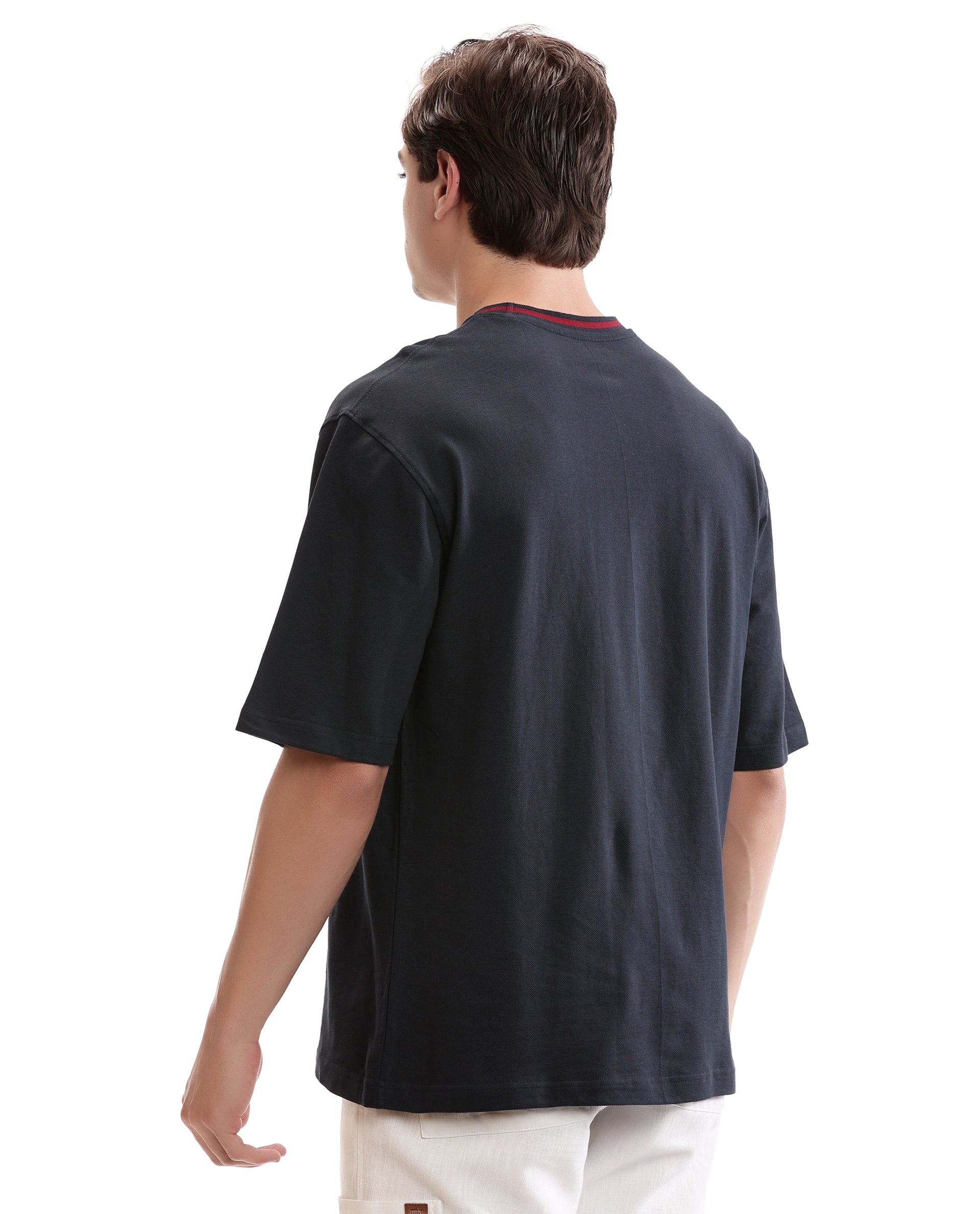 Midnight Navy Blue Pique Crew Neck Oversized T-Shirt with Bordeaux Maroon Piping