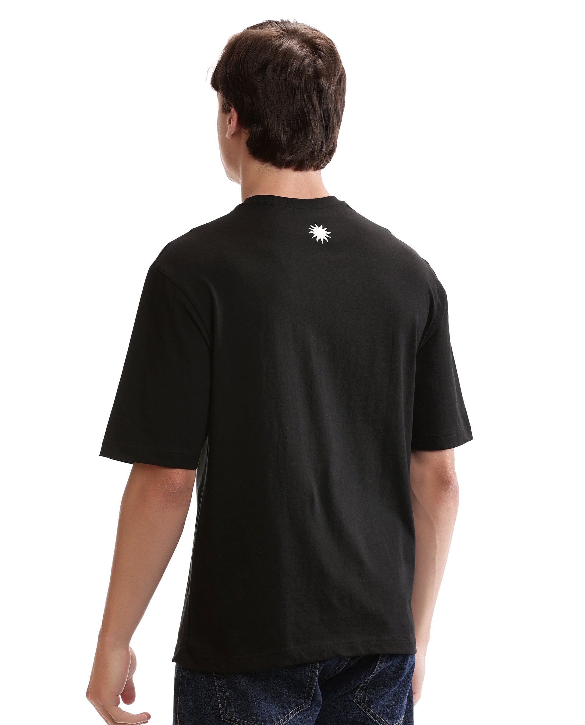 Charcoal Black Single Jersey Crew Neck Oversized T-Shirt with Pure White Puff Print