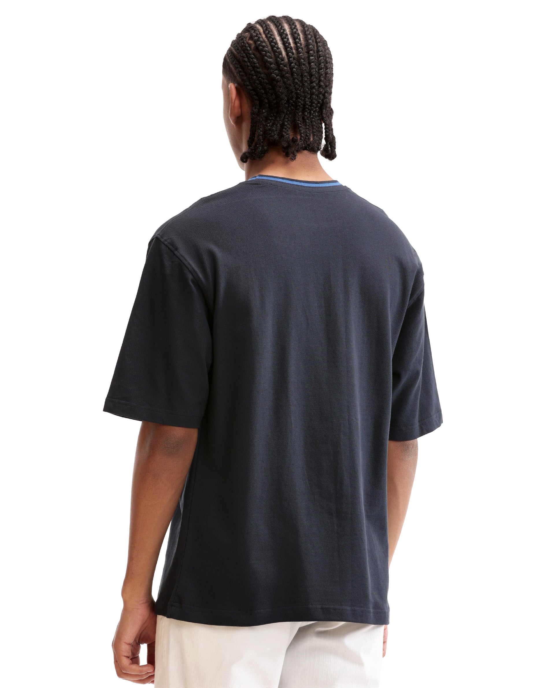 Midnight Navy Blue Pique Crew Neck Oversized T-Shirt with Imperial Prussian Blue