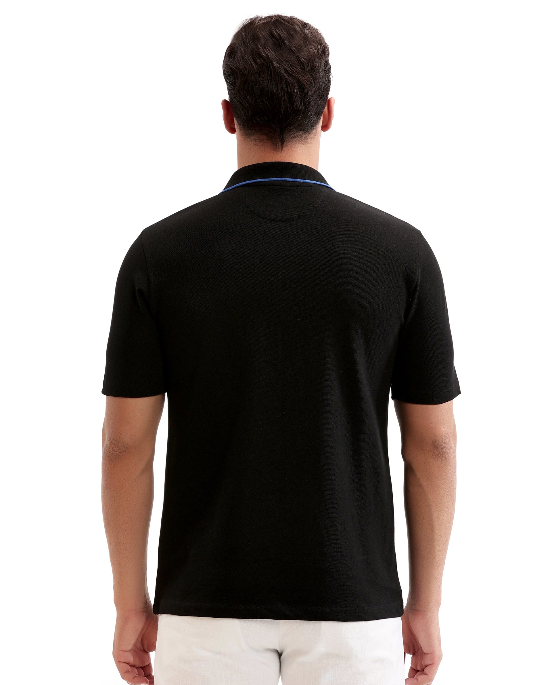Charcoal Black Johnny Collar Pique Polo with Prussian Blue Collar Piping