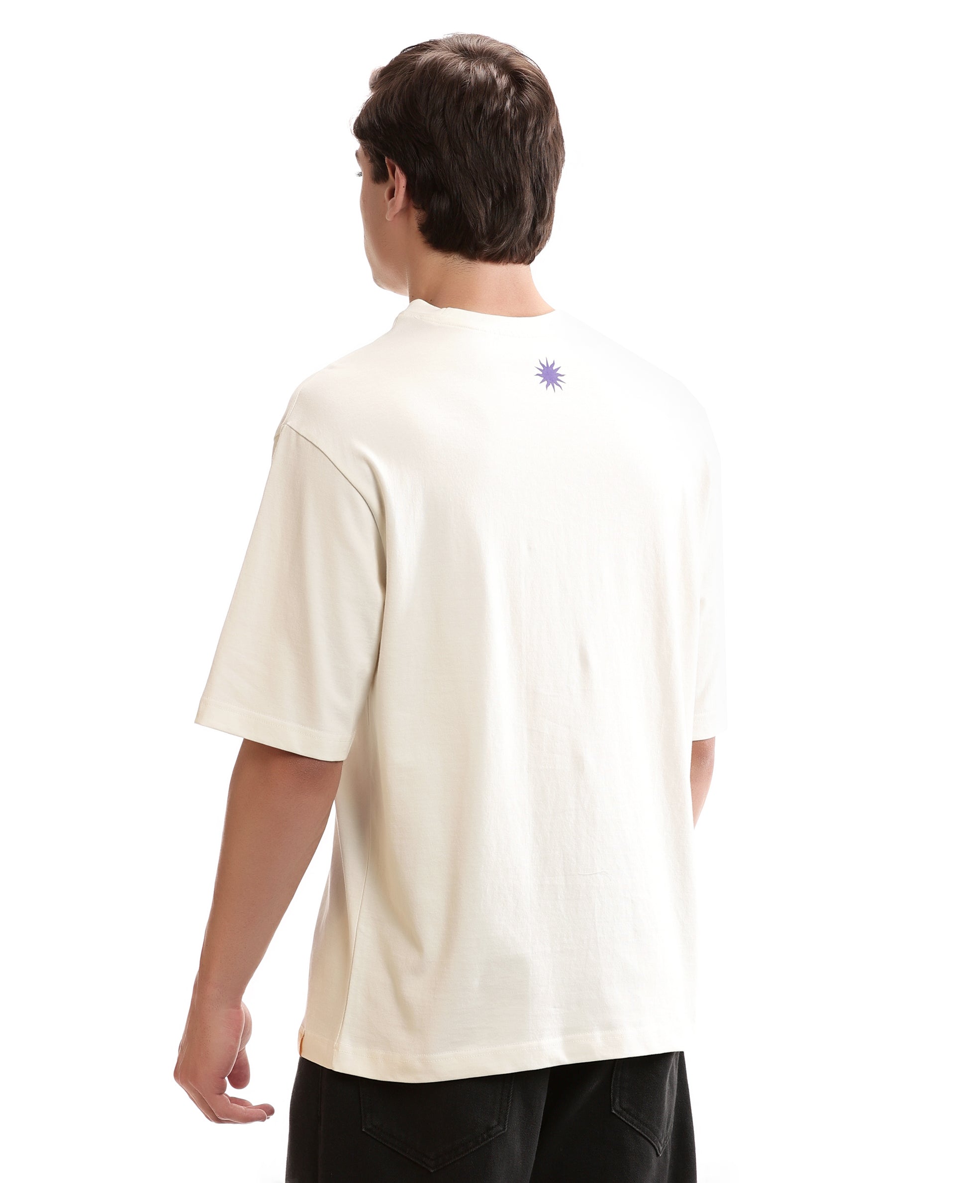 Ivory White Single Jersey Crew Neck Oversized T-Shirt with Deep Purple HD Print