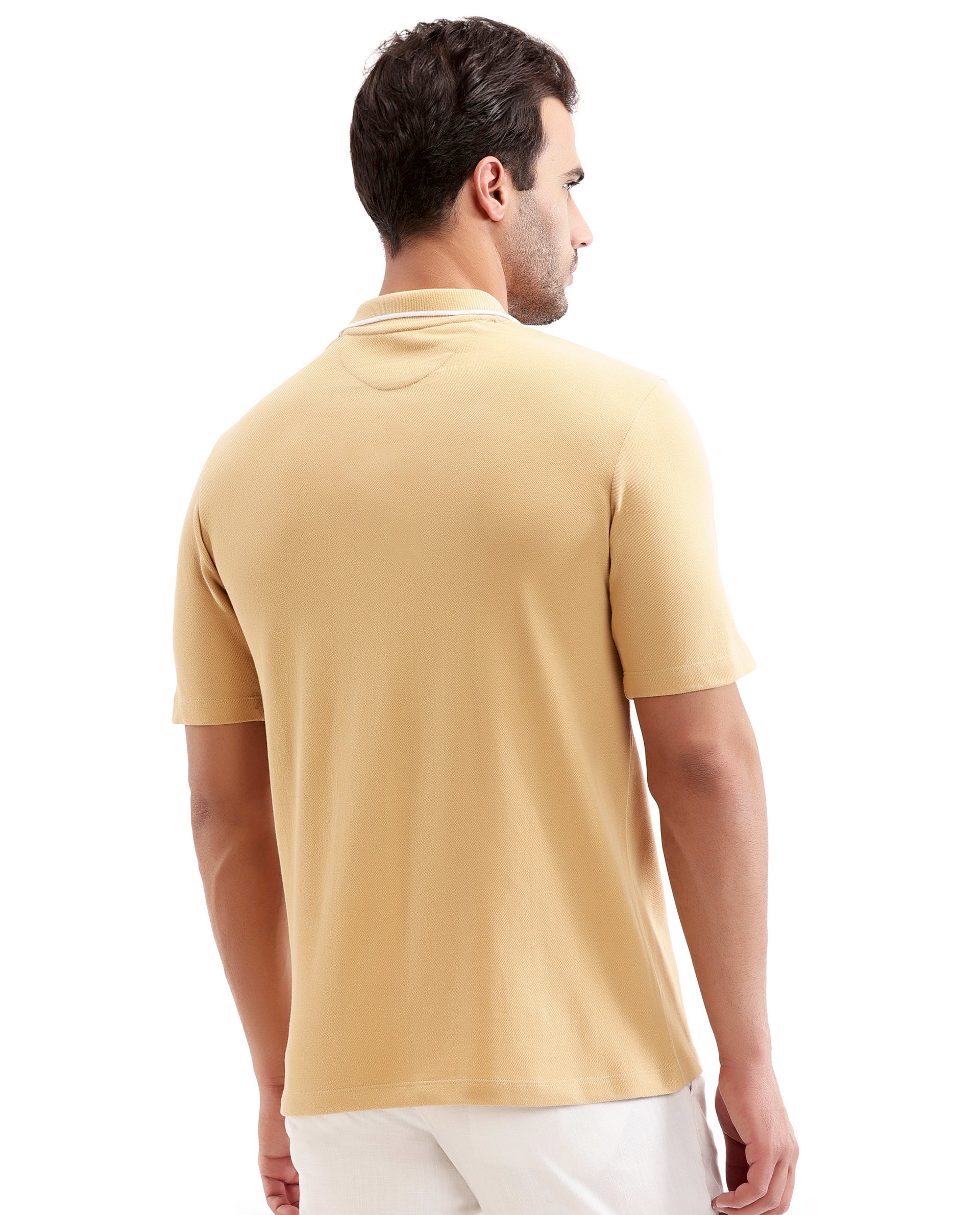 Camel Beige Johnny Collar Pique Polo with White Collar Piping
