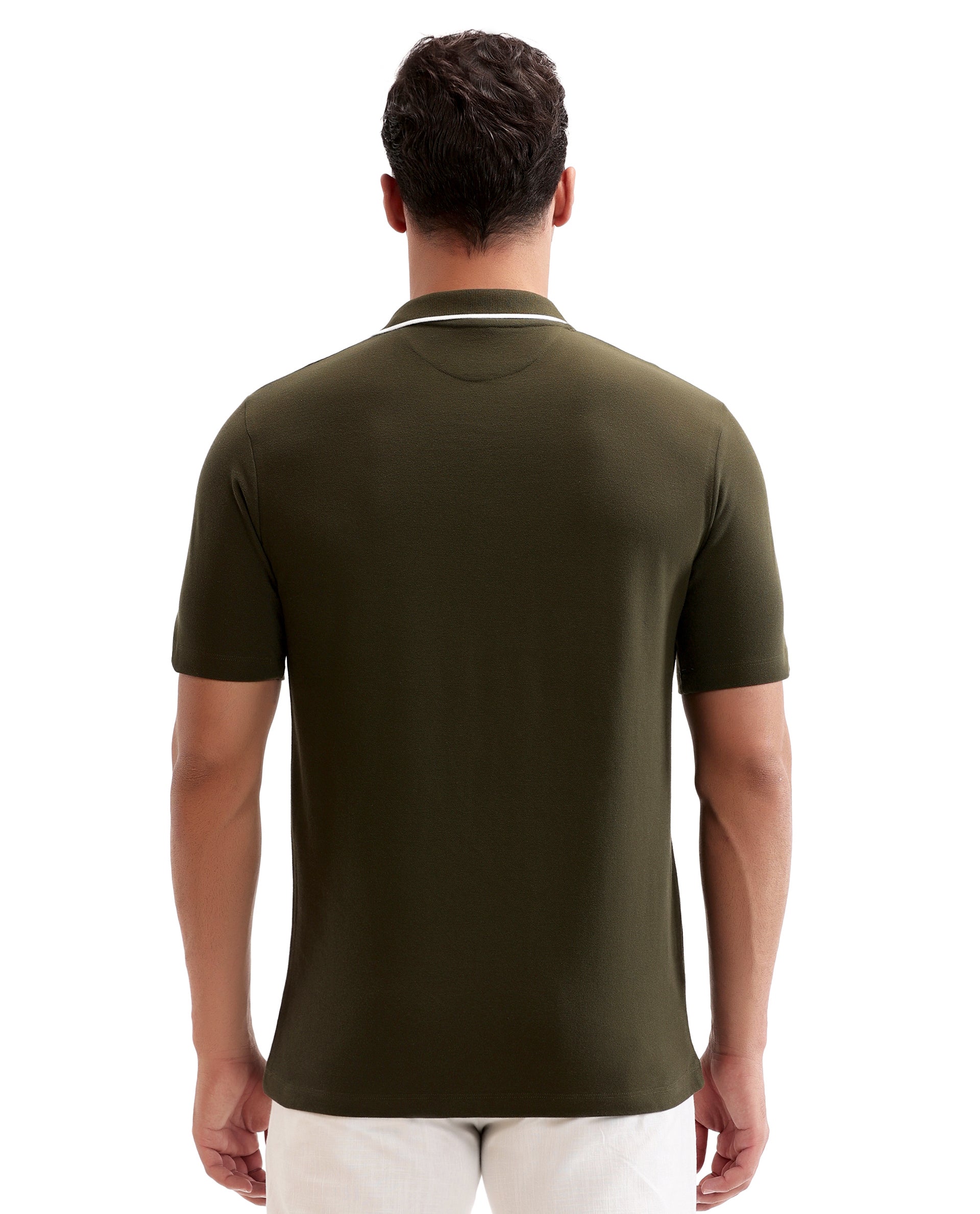 Vintage Olive Johnny Collar Pique Polo with White Collar Piping