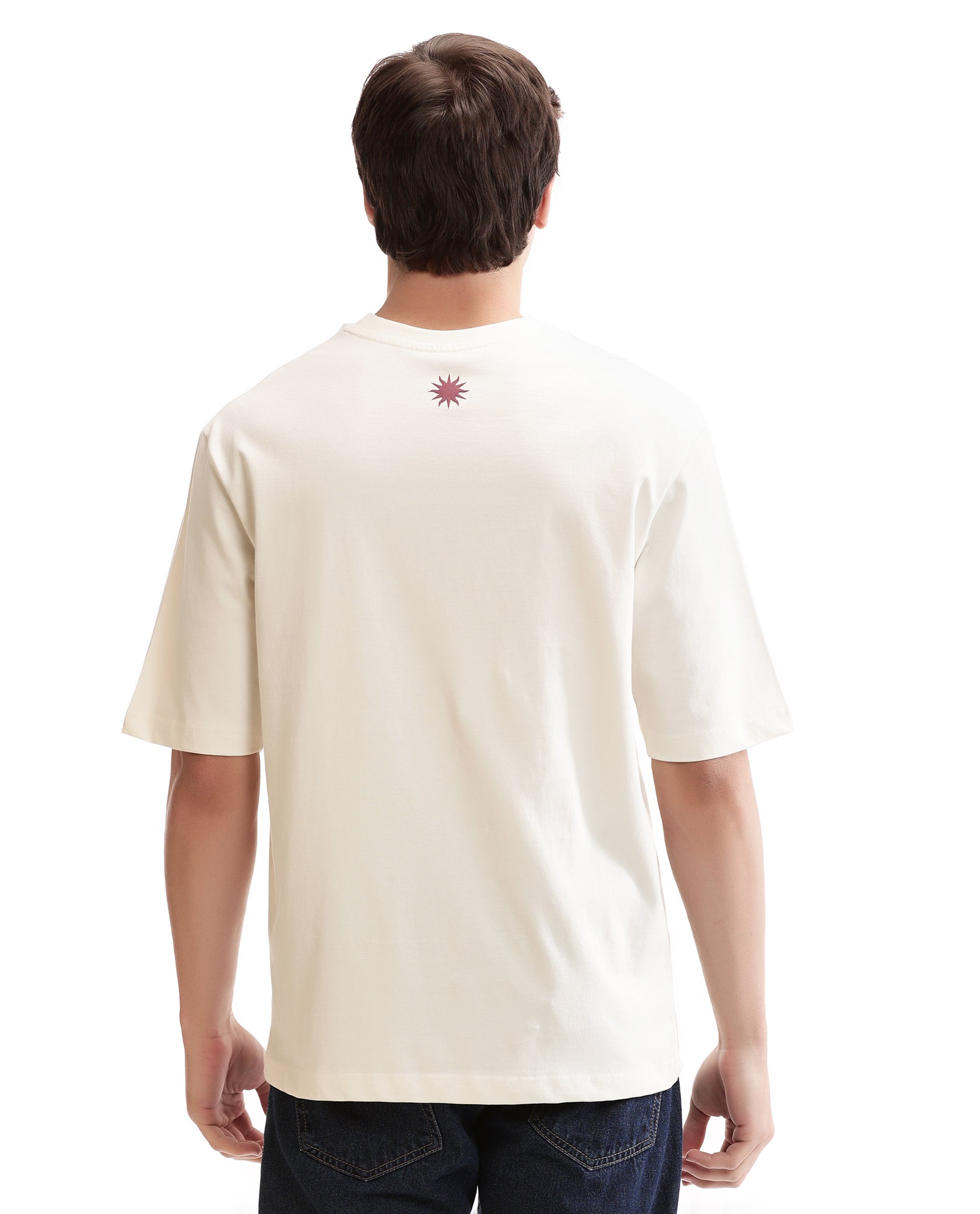 Ivory White Single Jersey Crew Neck Oversized T-Shirt with Bordeaux Maroon Puff Print