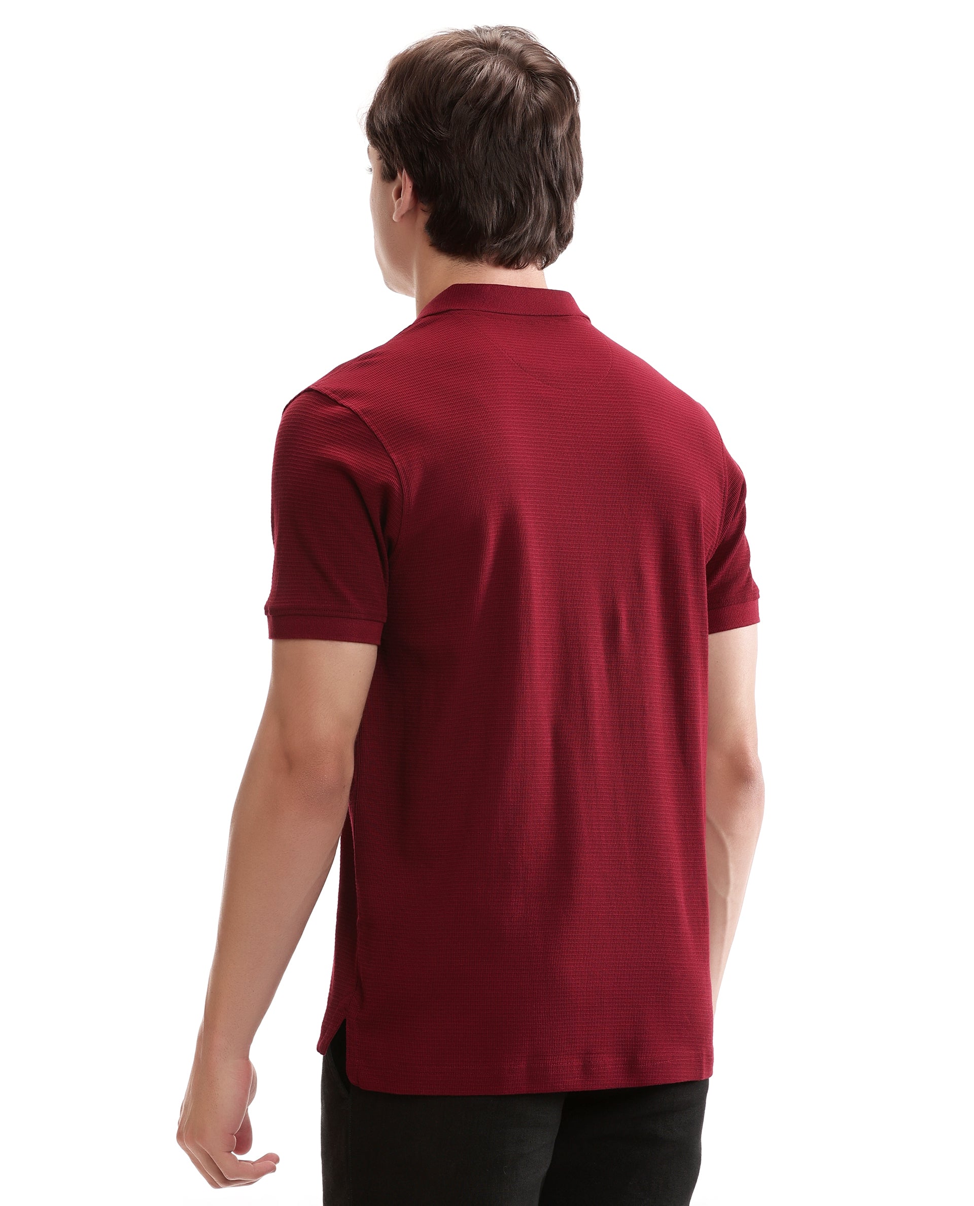 Bordeaux Maroon Knitted Waffle Polo with Ribbed Collar