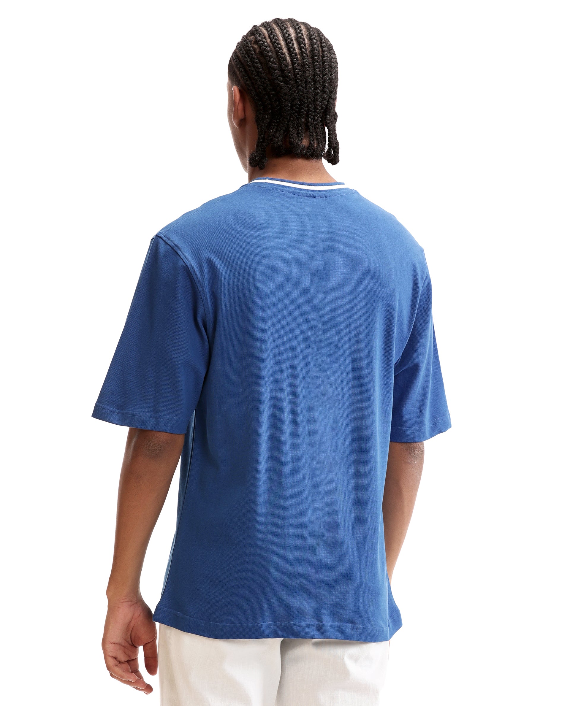 Imperial Prussian Blue Pique Crew Neck Oversized T-Shirt with Pure White Piping