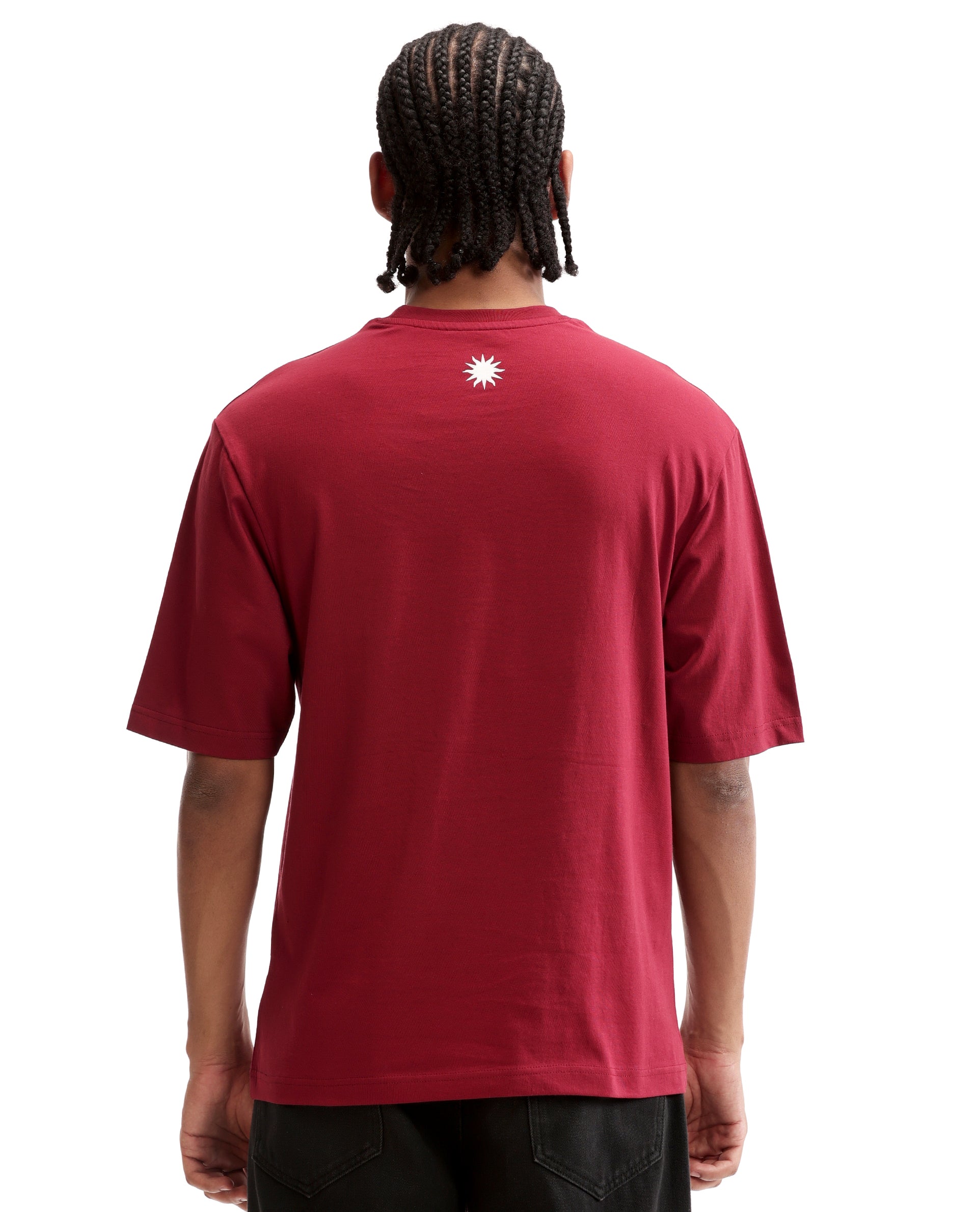 Bordeaux Maroon Single Jersey Crew Neck Oversized T-Shirt with Pure White Puff Print