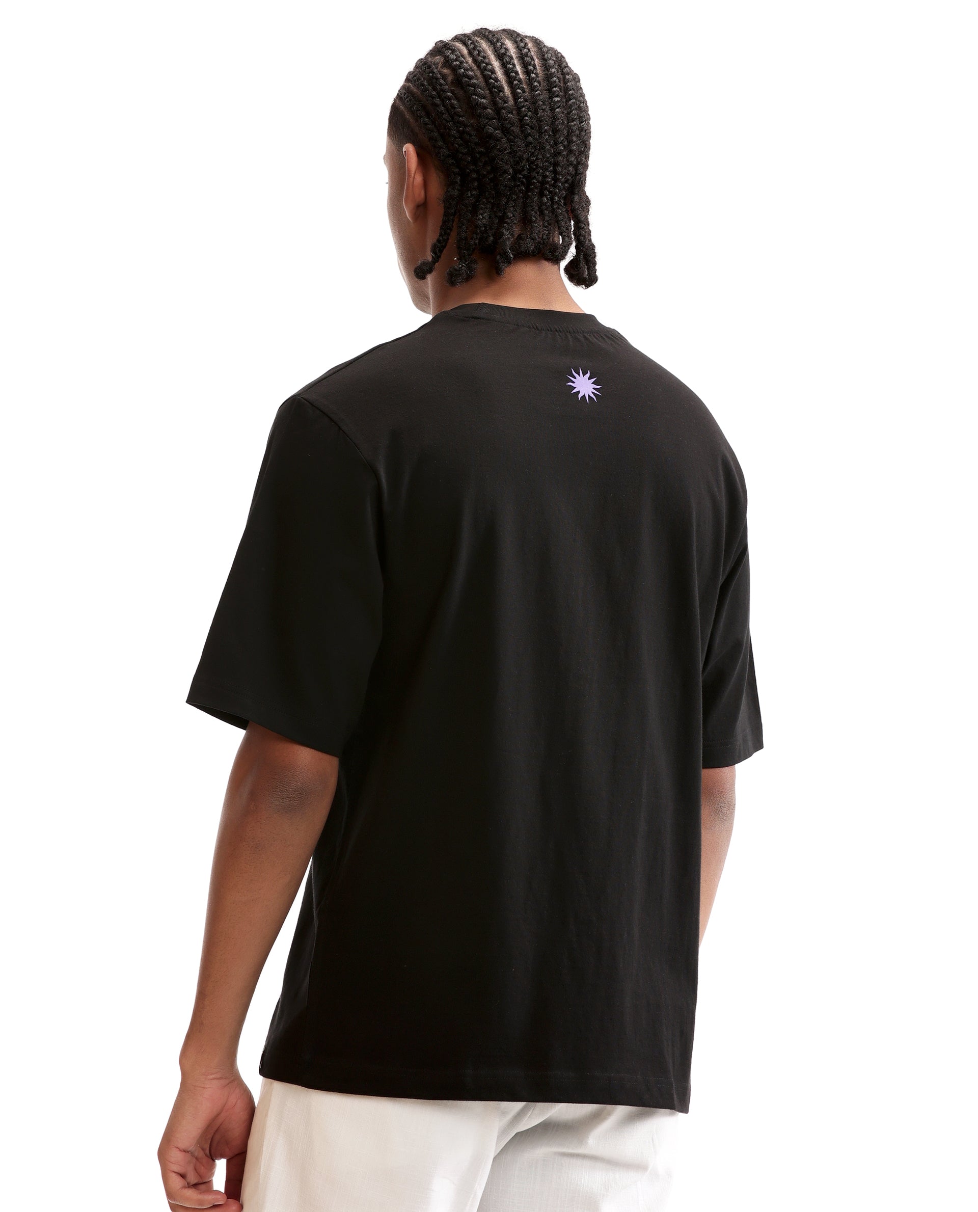 Charcoal Black Single Jersey Crew Neck Oversized T-Shirt with Deep Purple HD Print