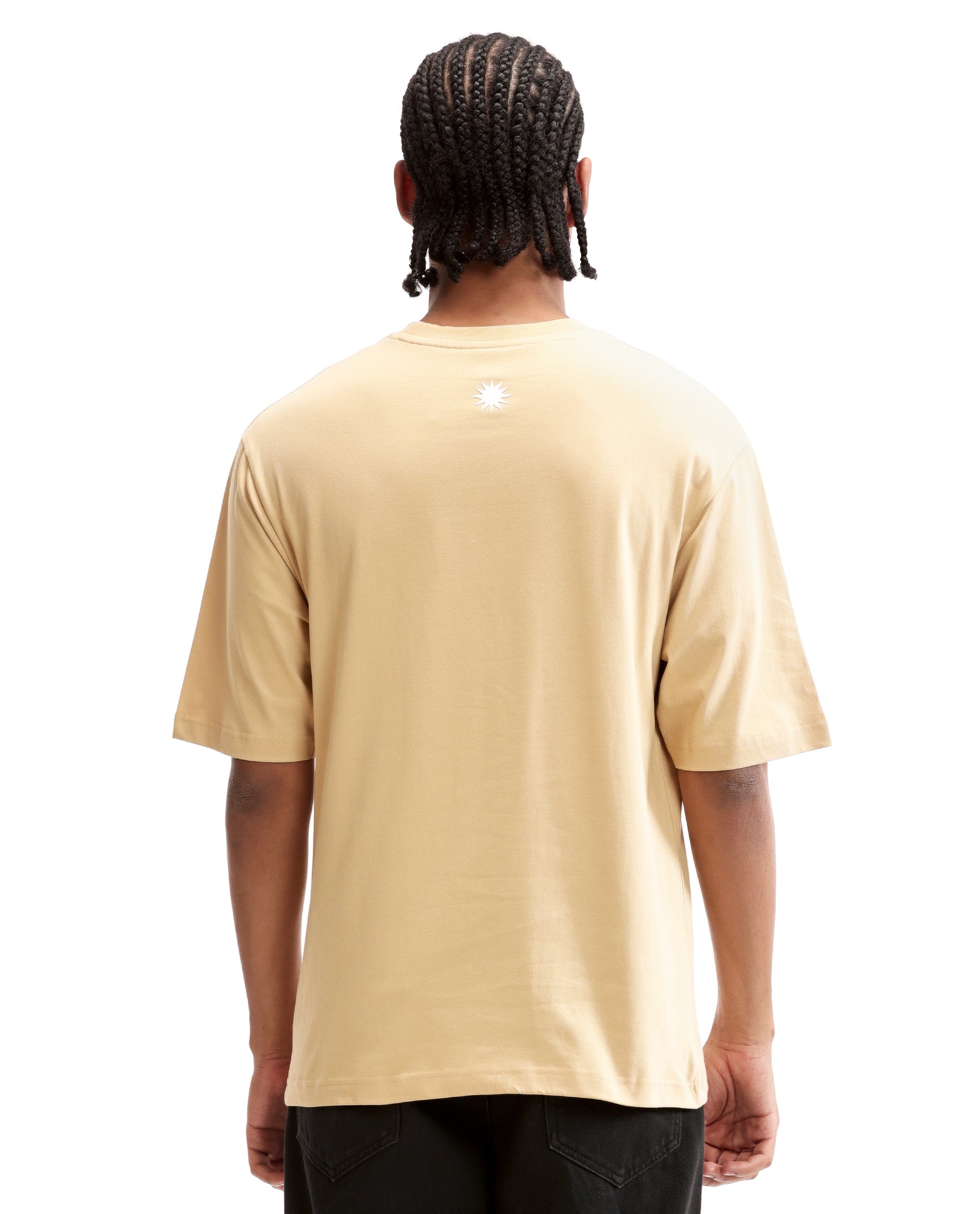 Camel Beige Single Jersey Crew Neck Oversized T-Shirt with Pure White HD Print