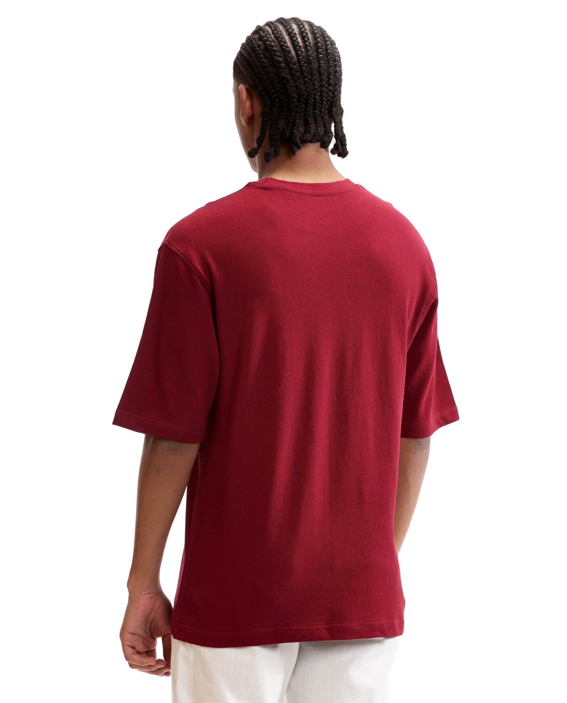 Bordeaux Maroon Pique Crew Neck Oversized T-Shirt
