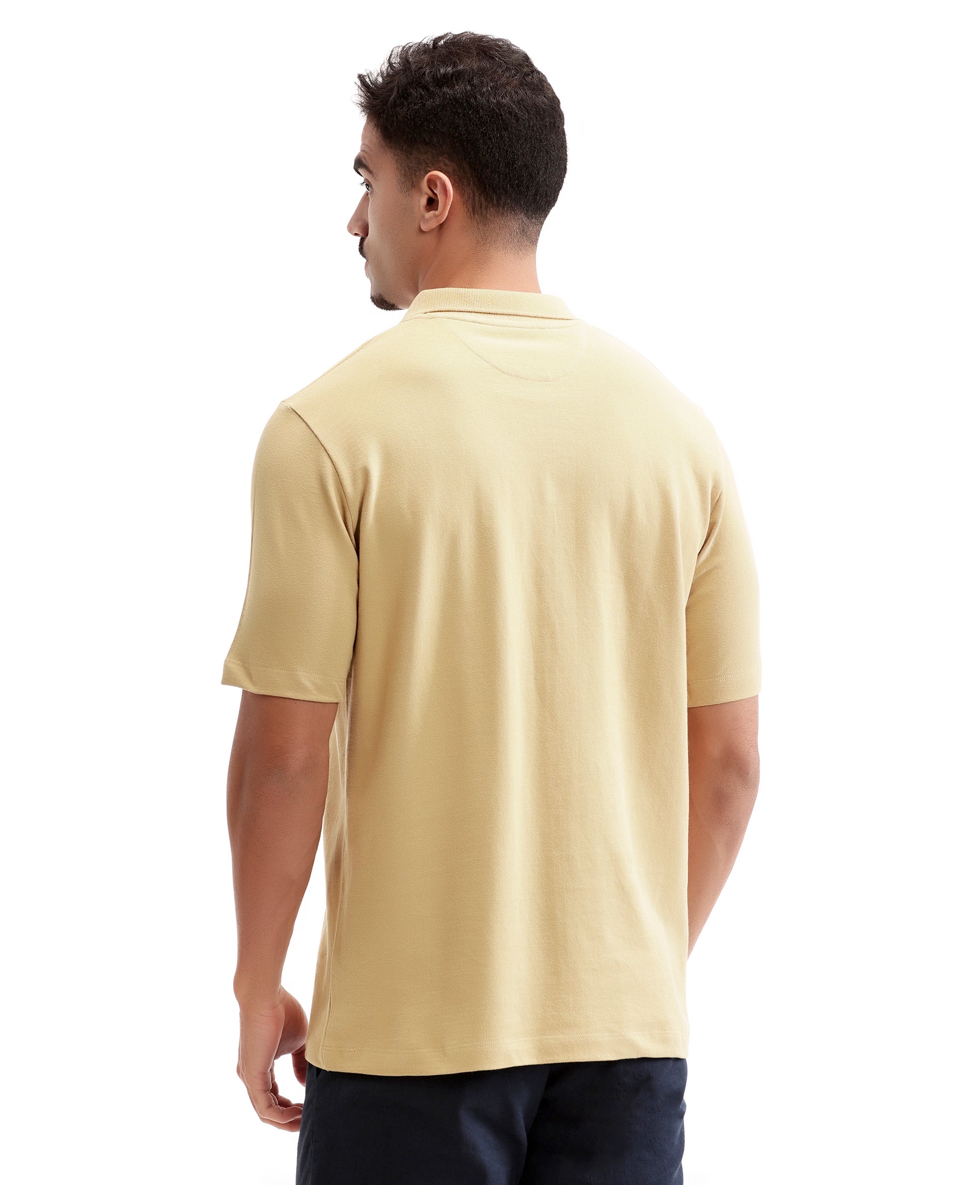 Camel Beige Pique Johnny Collar Polo with HD Print