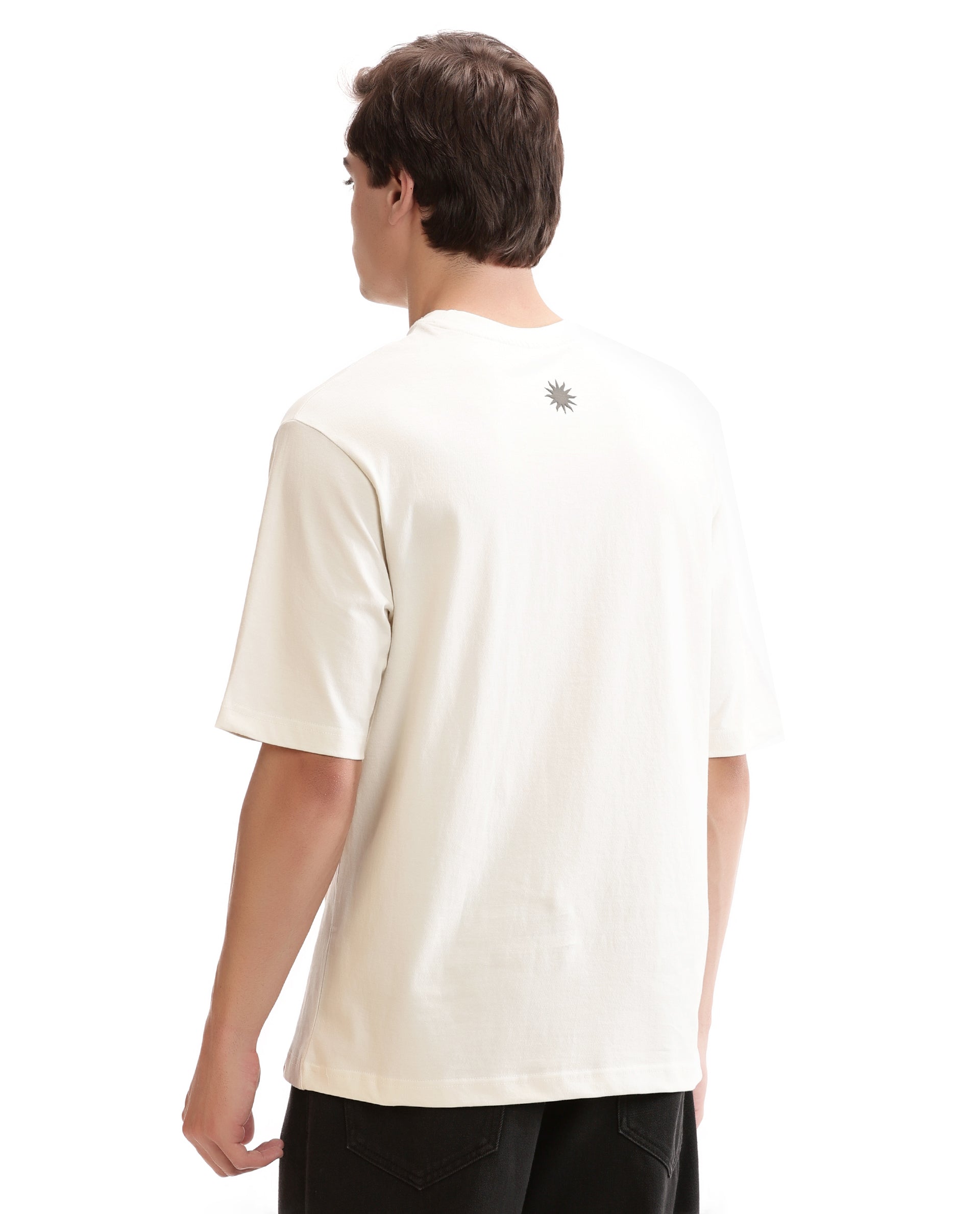 Ivory White Single Jersey Crew Neck Oversized T-Shirt with Charcoal Black Puff Print