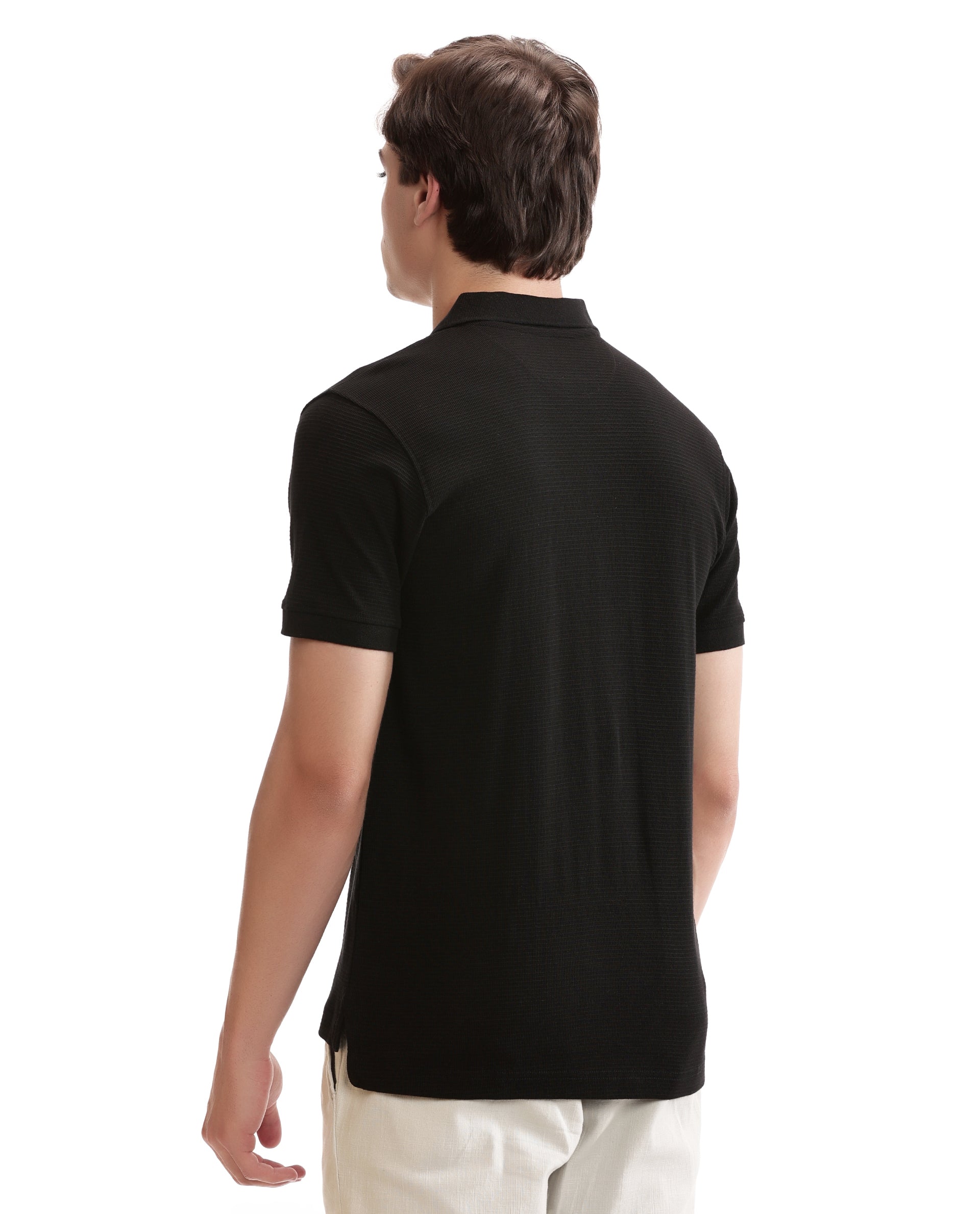 Charcoal Black Knitted Waffle Polo with Ribbed Collar
