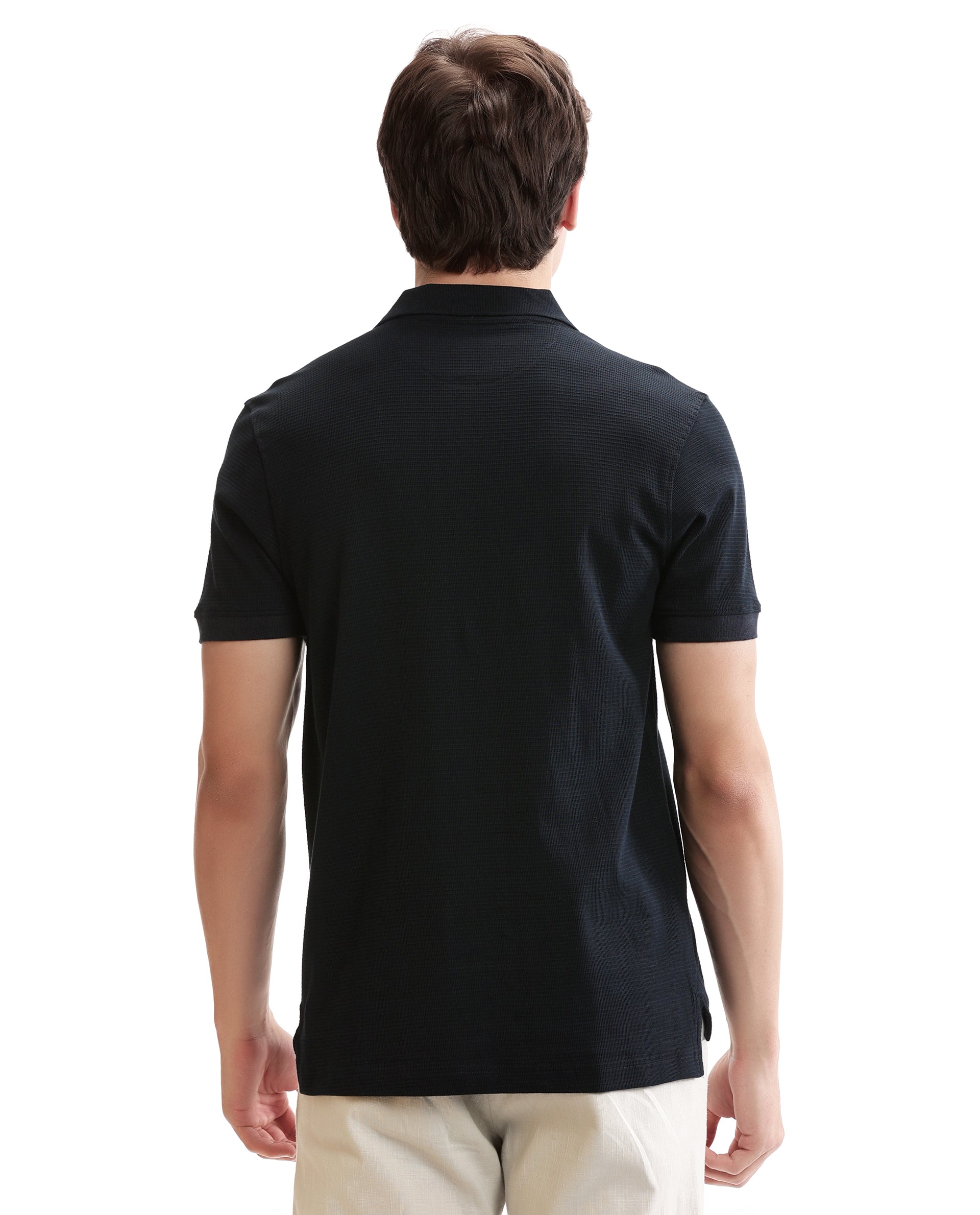 Midnight Navy Blue Knitted Waffle Polo with Ribbed Collar