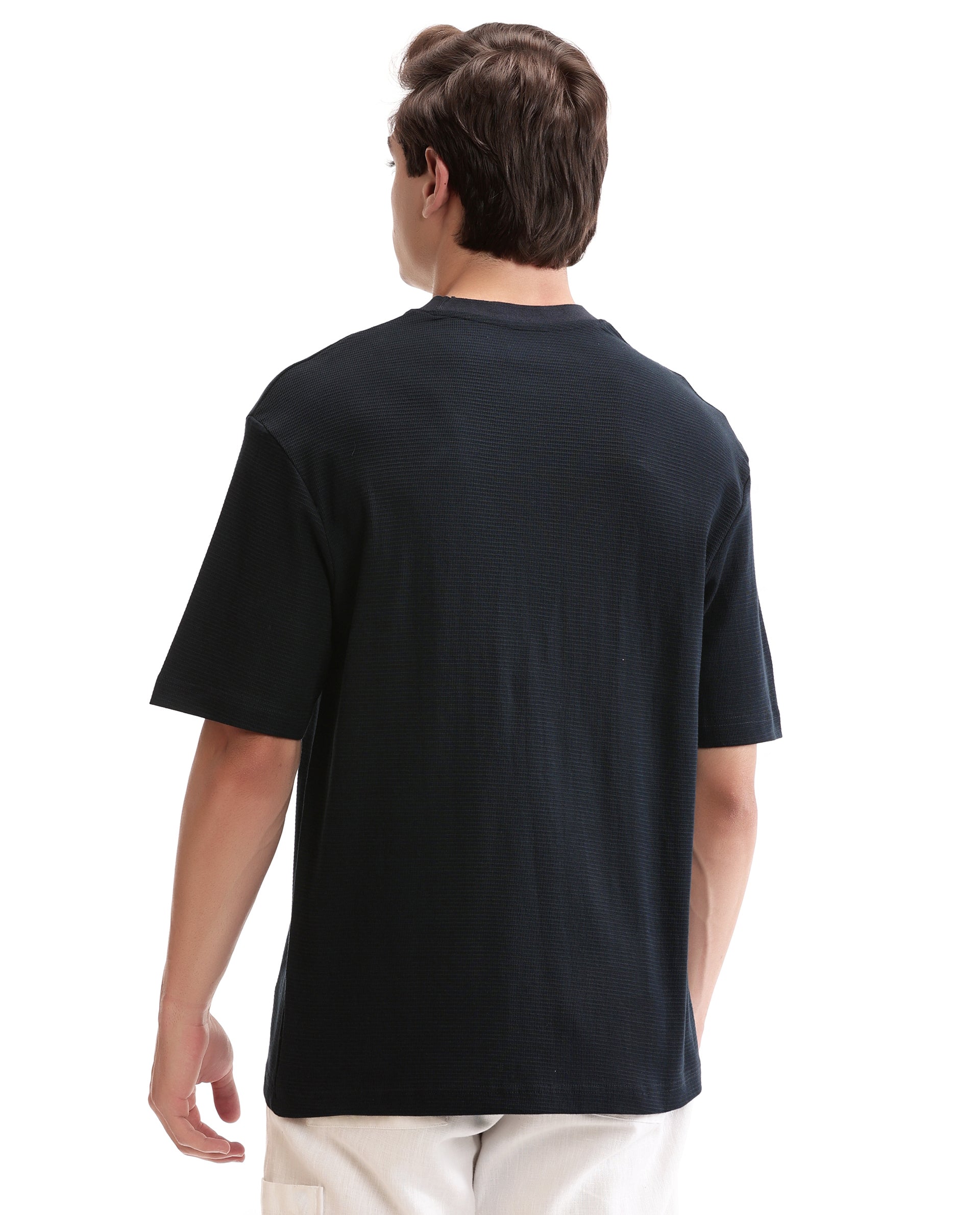 Midnight Navy Blue Knitted Ottoman Crew Neck Oversized T-Shirt