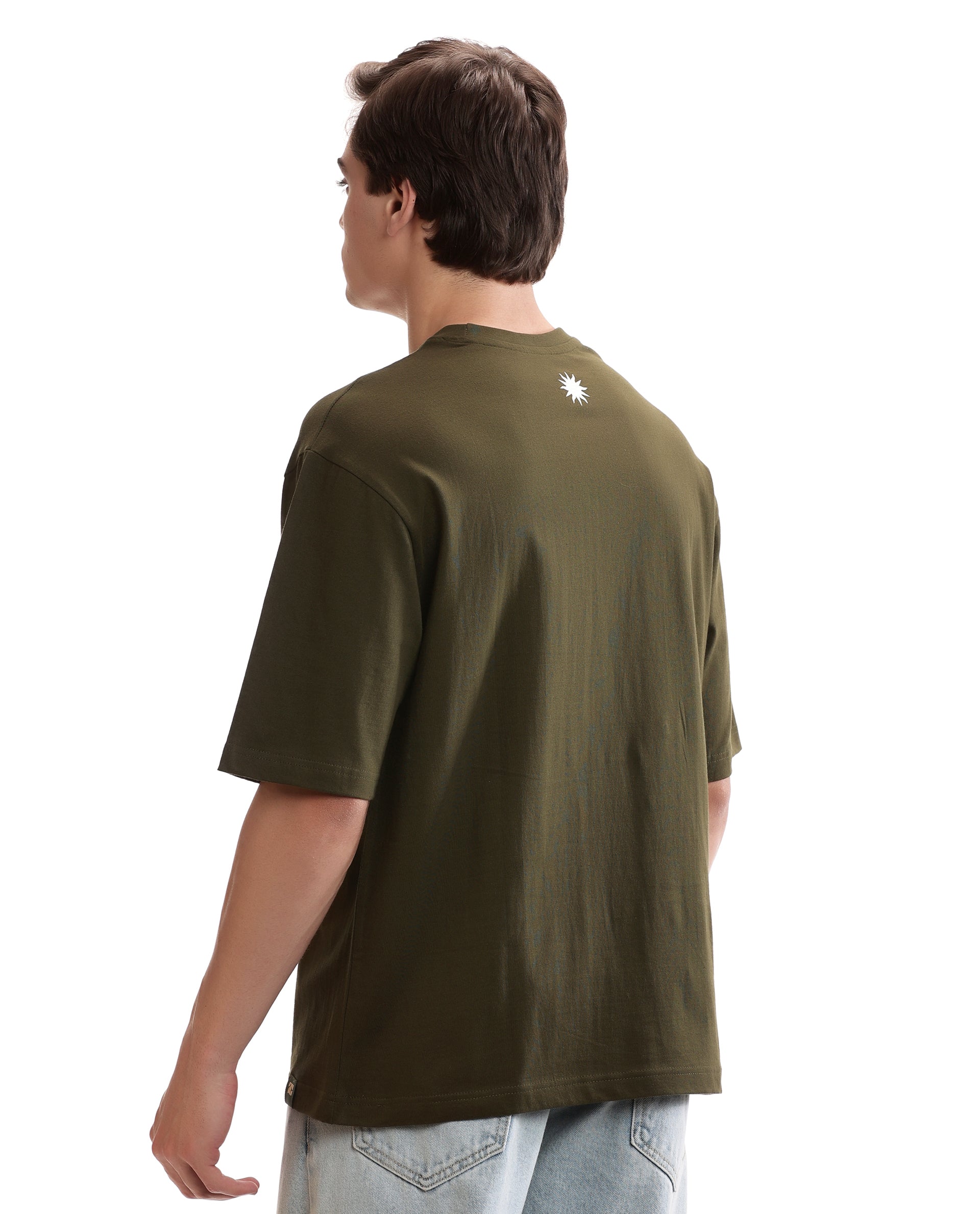 Vintage Olive Single Jersey Crew Neck Oversized T-Shirt with Pure White Puff Print