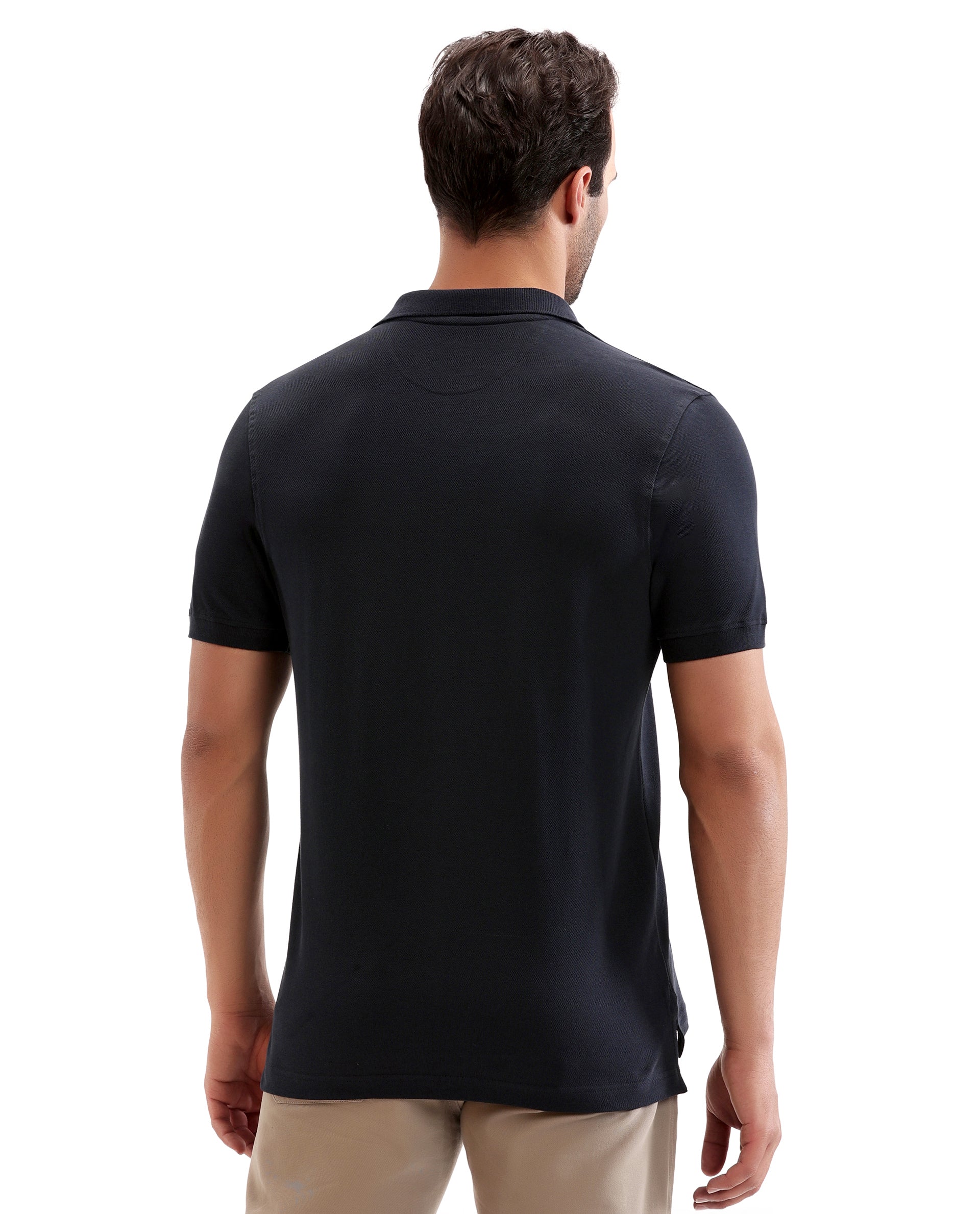 Midnight Navy Blue Pique Polo with 7C Metal Zip, Metal Badge
