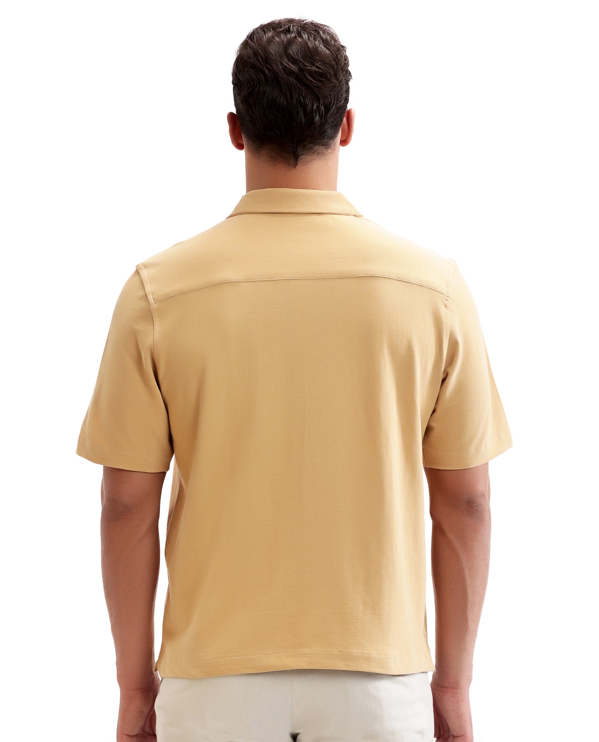 Camel Beige Pique Knit Shirt with 7C Engraved Snap Buttons, Gun Metal Badge