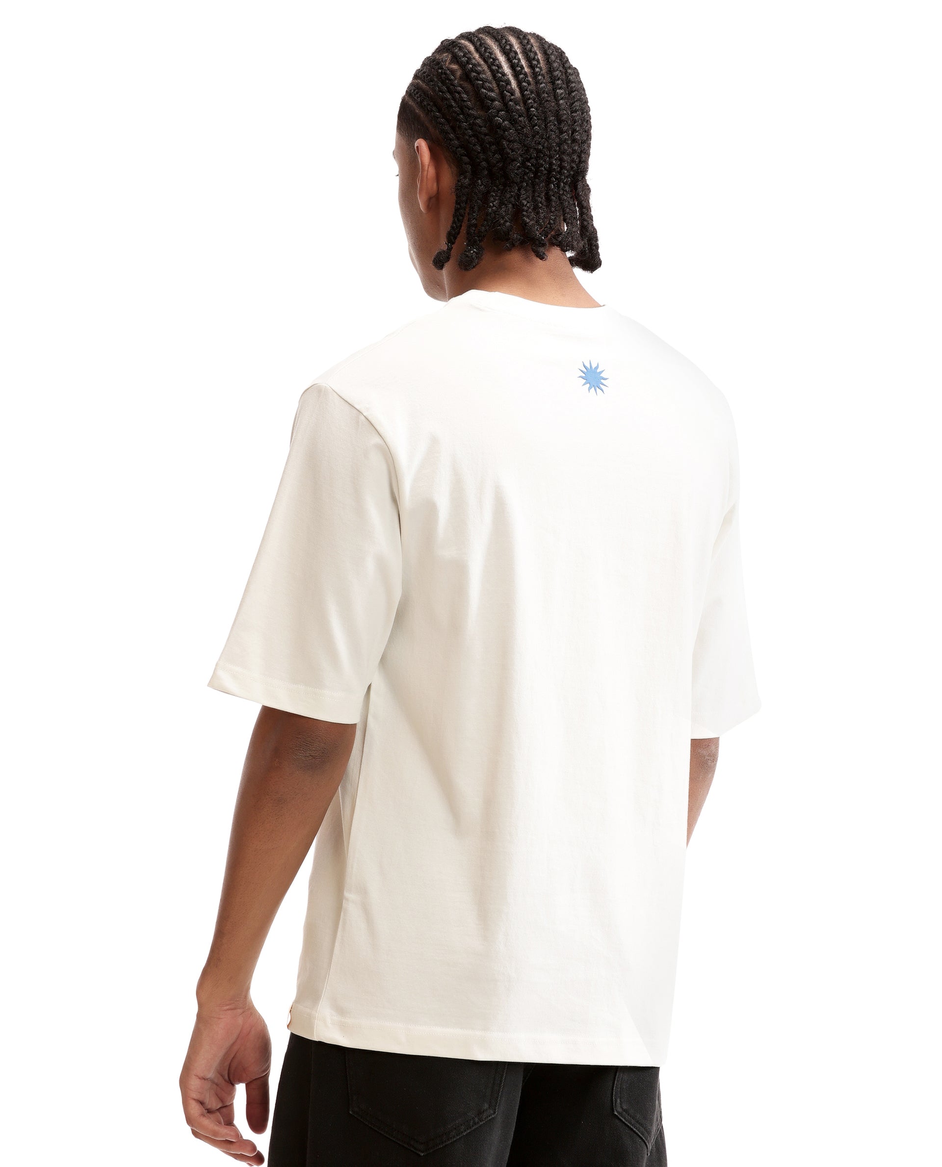 Ivory White Single Jersey Crew Neck Oversized T-Shirt with Midnight Navy Blue Puff Print