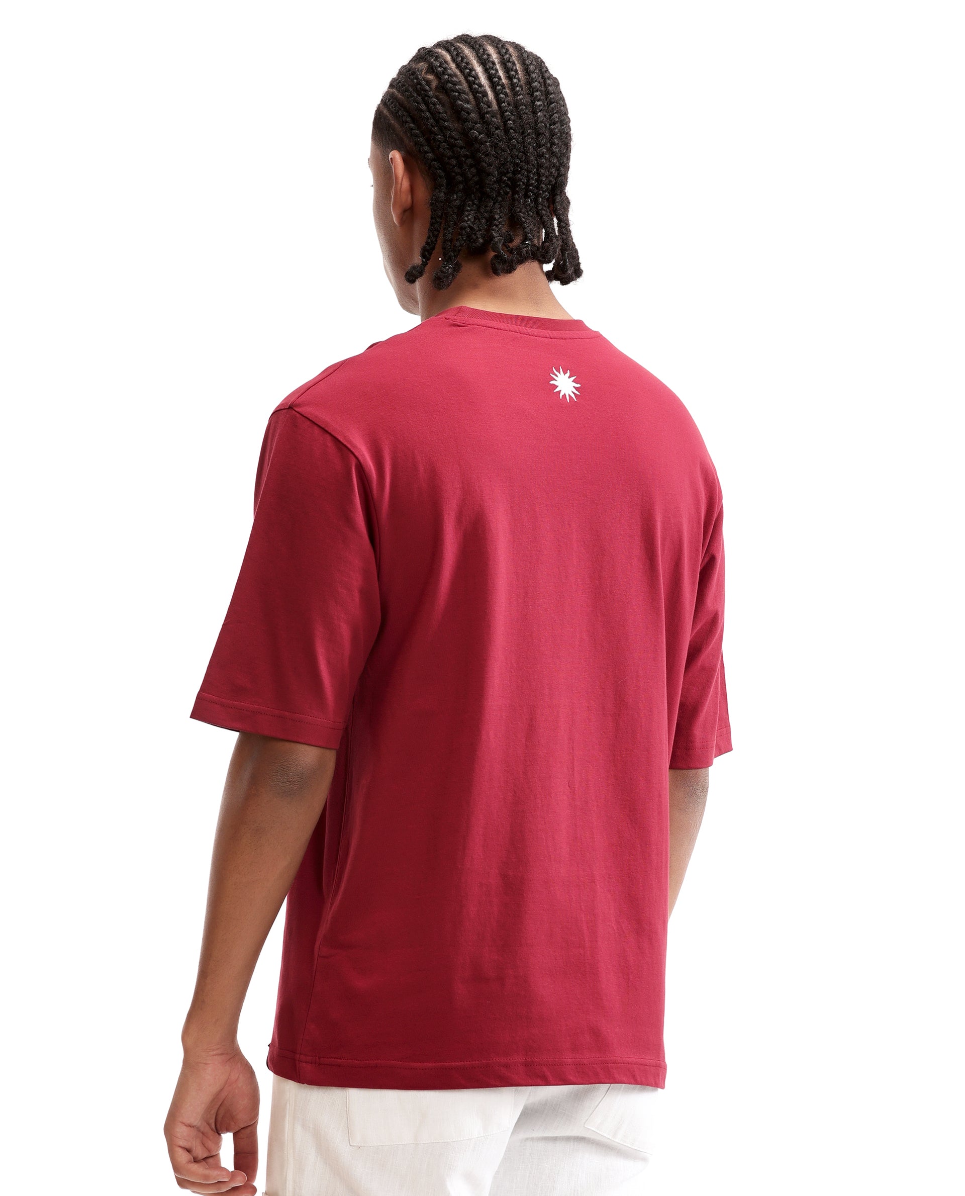 Bordeaux Maroon Single Jersey Crew Neck Oversized T-Shirt with Pure White Embroidery