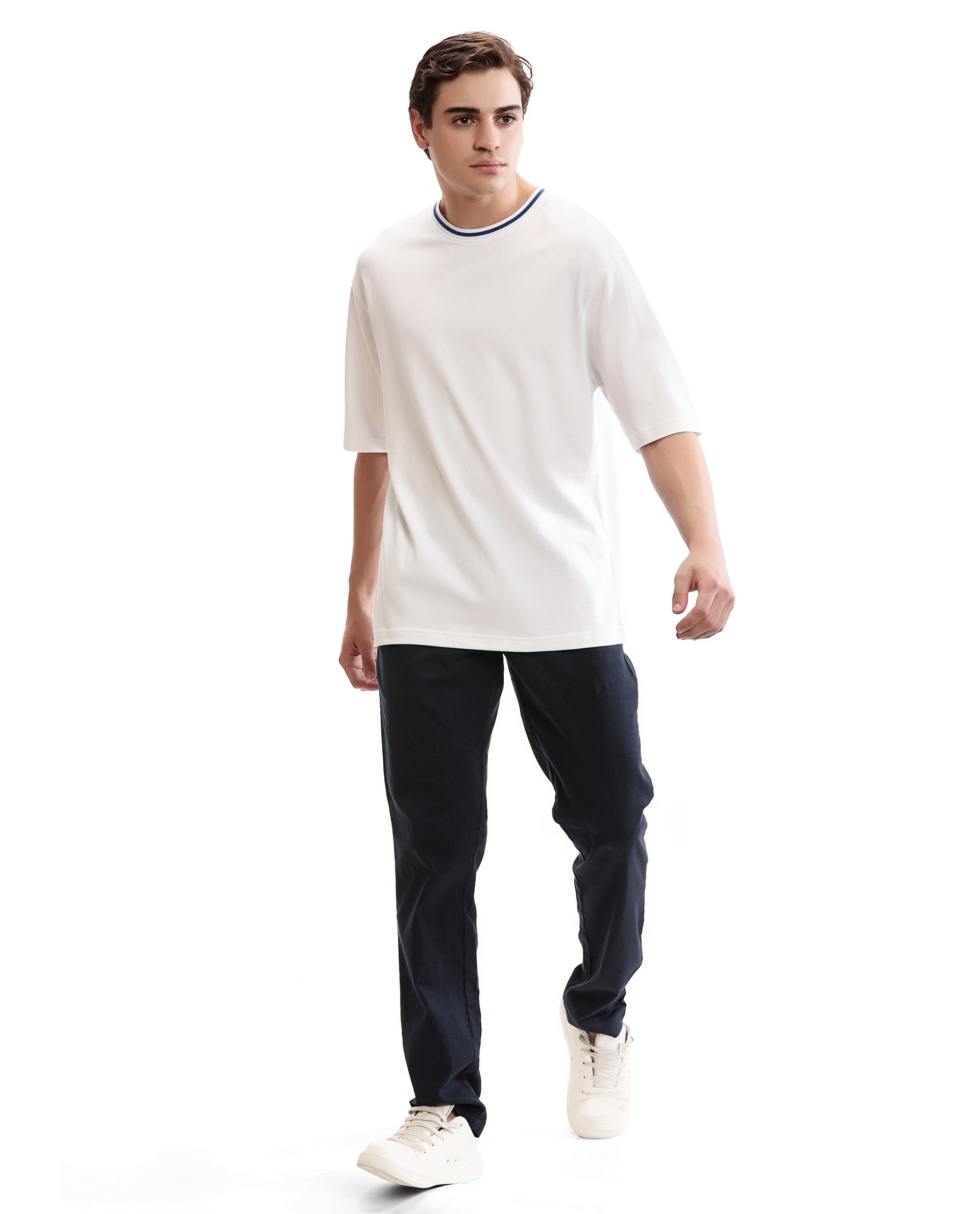 Pure White Pique Crew Neck Oversized T-Shirt with Imperial Prussian Blue Piping